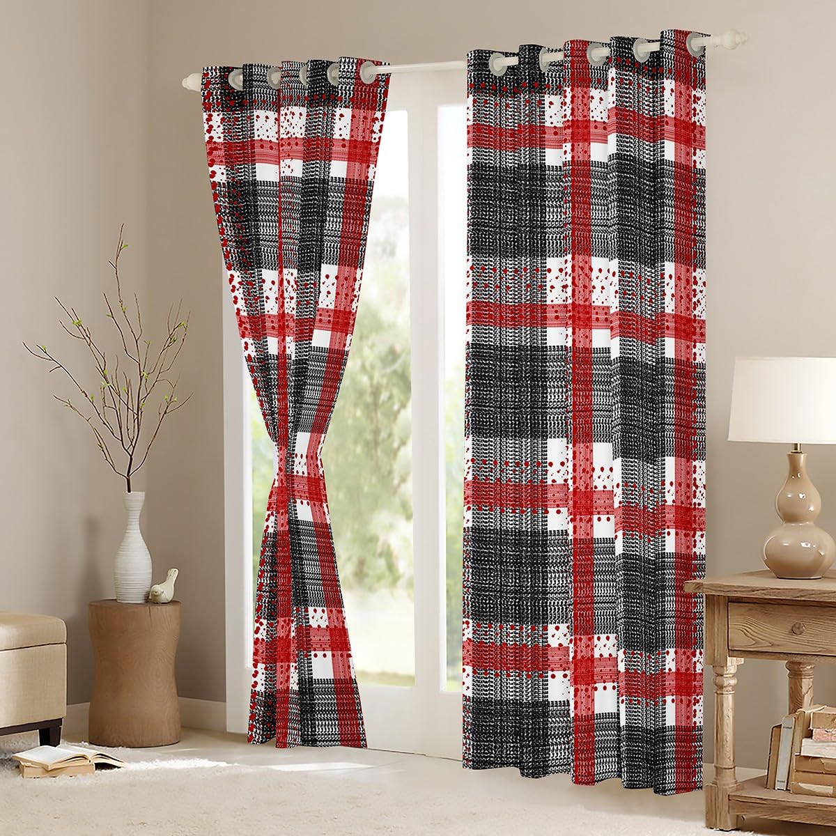 Geometric Lattice Kids Darkening Drapes Bedroom Red Plaid