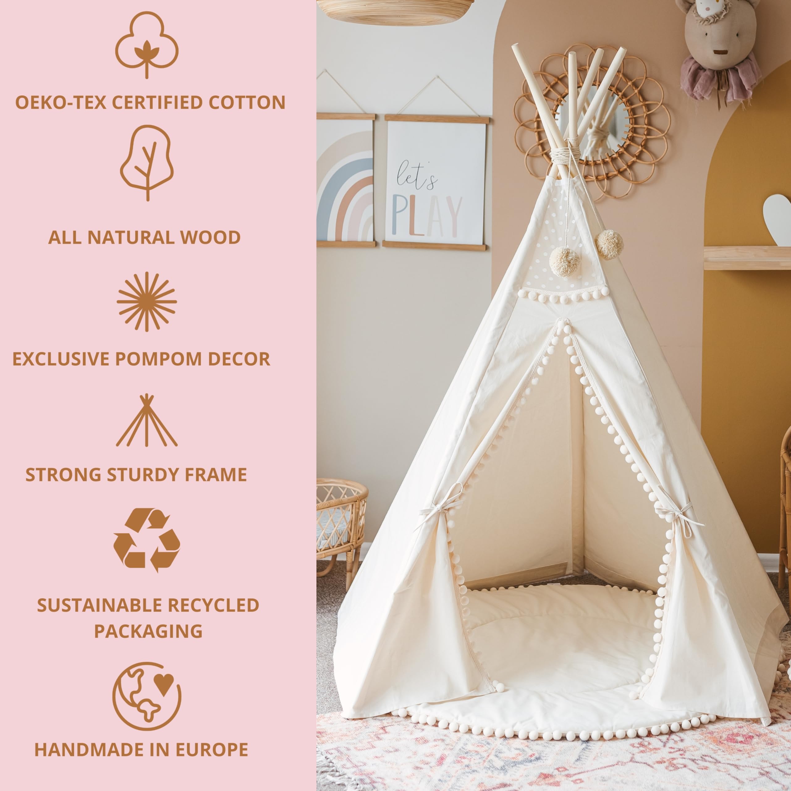 MINICAMP Original Teepee Tent for Kids - Play Tent for Girls & Boys - Natural Canvas Kids Indoor Tent for Toddlers 3-5 - Extra-Stable Children's Sleepover Tipi with Padded Mat Included - Pompom Decor