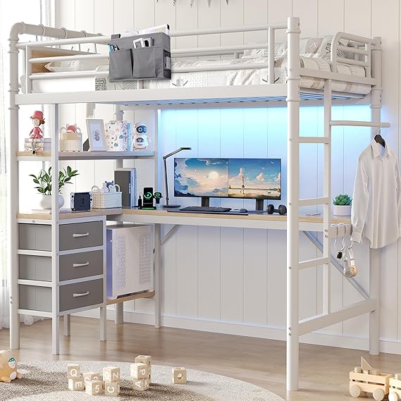 Twin Loft Bed with L-Shaped Desk and LED Lights