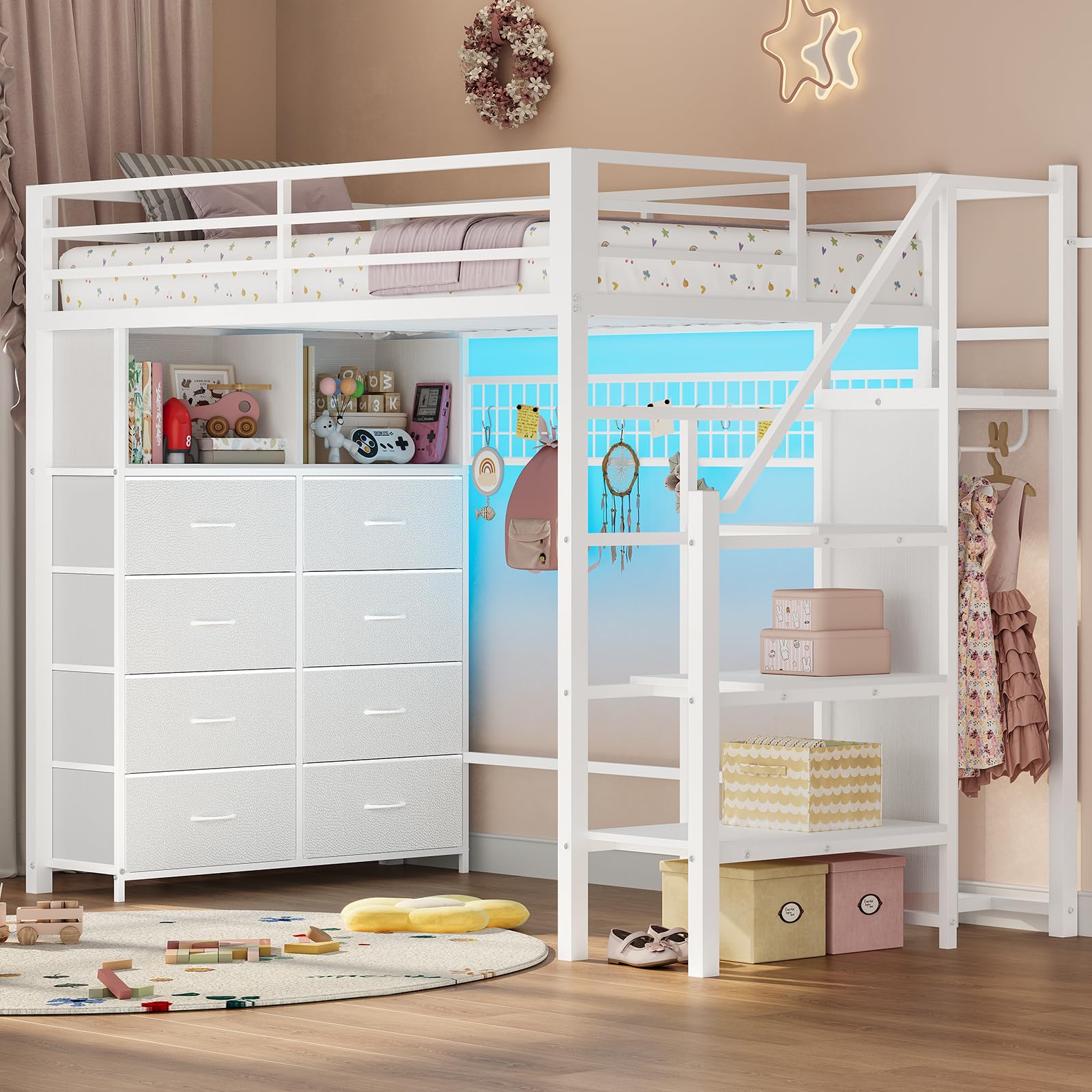 Twin Size Loft Bed with Storage Stairs, 8 Drawers