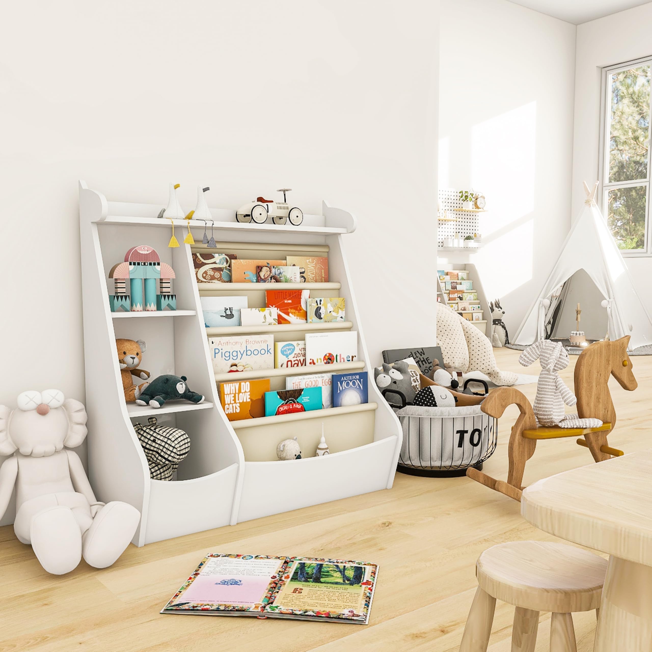 Kids Bookshelf Montessori, 4 Sling Baby Bookcase, 4 Tier Display Shelves