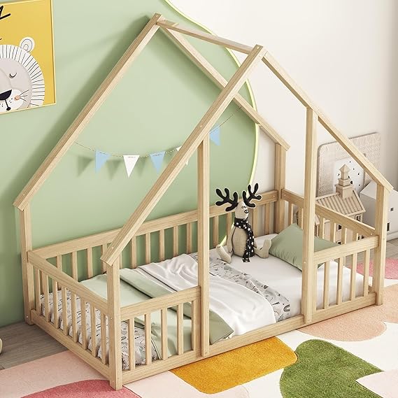 Twin Floor Bed for Kids with House Frame and Fence