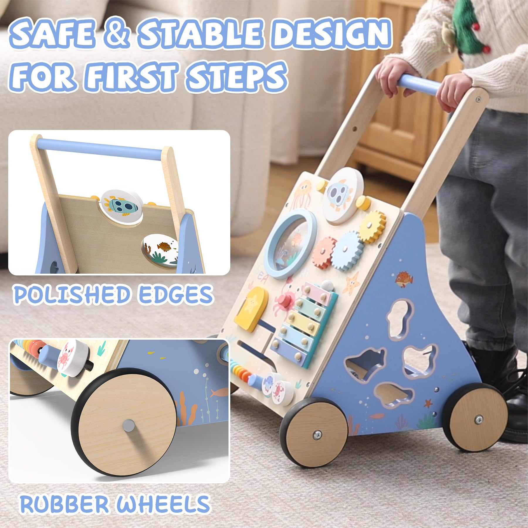 Ocean-Themed Wooden Baby Walker with Activity Center