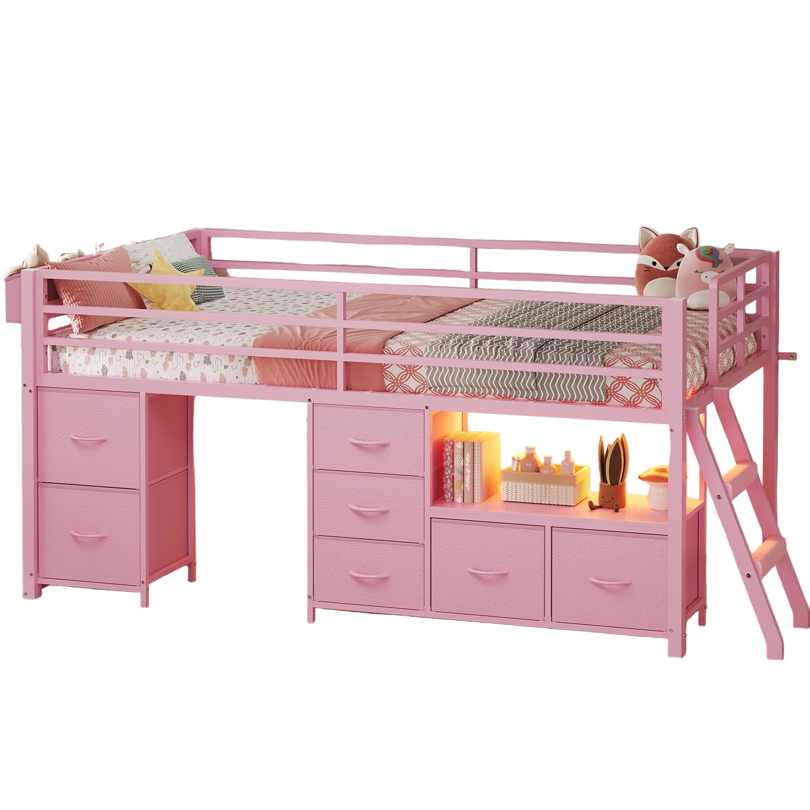 ADORNE Low Loft Bed Twin Size with 7 Storage Drawers