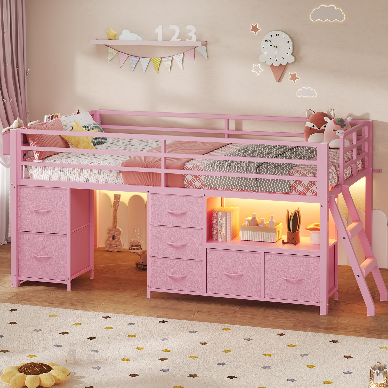 Twin Low Loft Bed with Storage Drawers and LED Lights