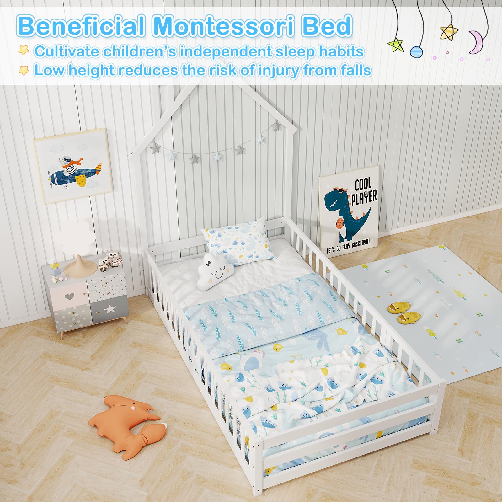 Twin Floor Bed with House-Shaped Headboard and Safety Guardrail