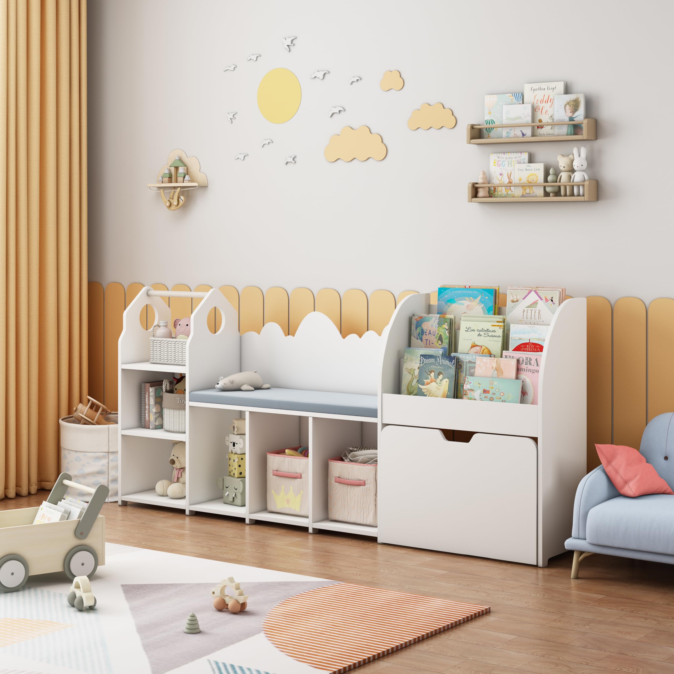 67" Kids Reading Nook with Bench, Toy Storage Organizer with Seat Cushion