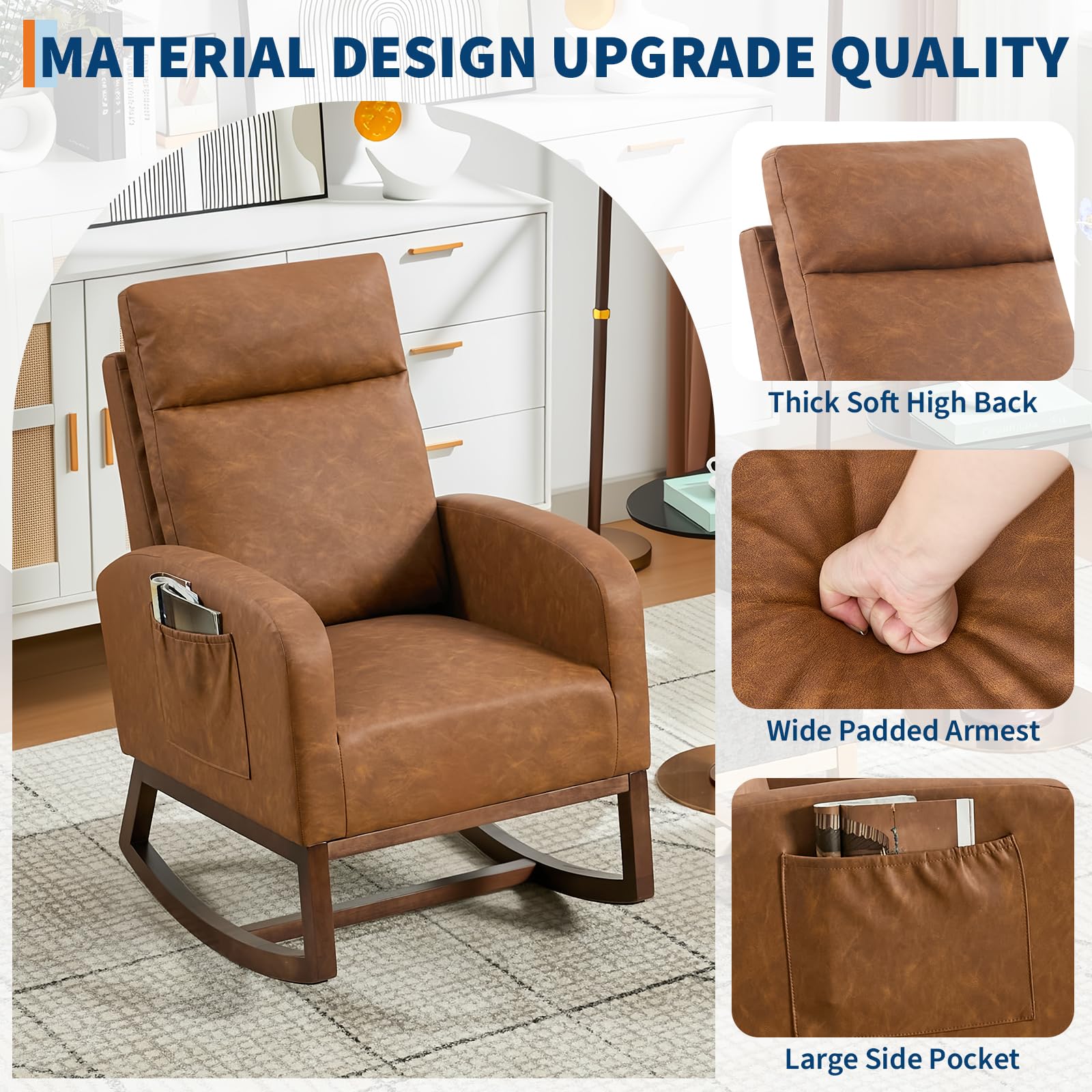 Faux Leather Rocking Chair with Side Pockets