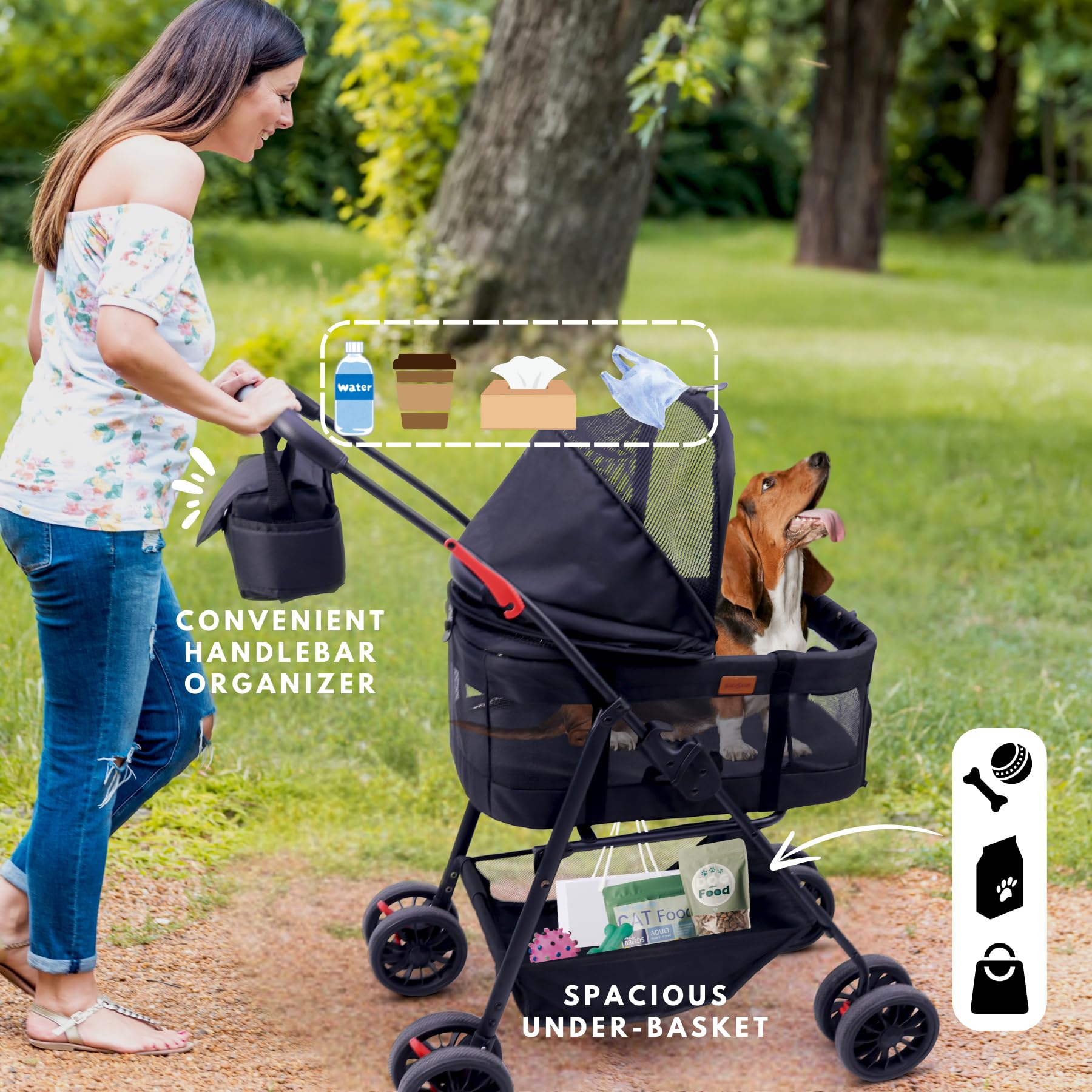 Pet Stroller for Small Dogs Cats with Wheels, Detachable Carrier, Max Load 33 lbs