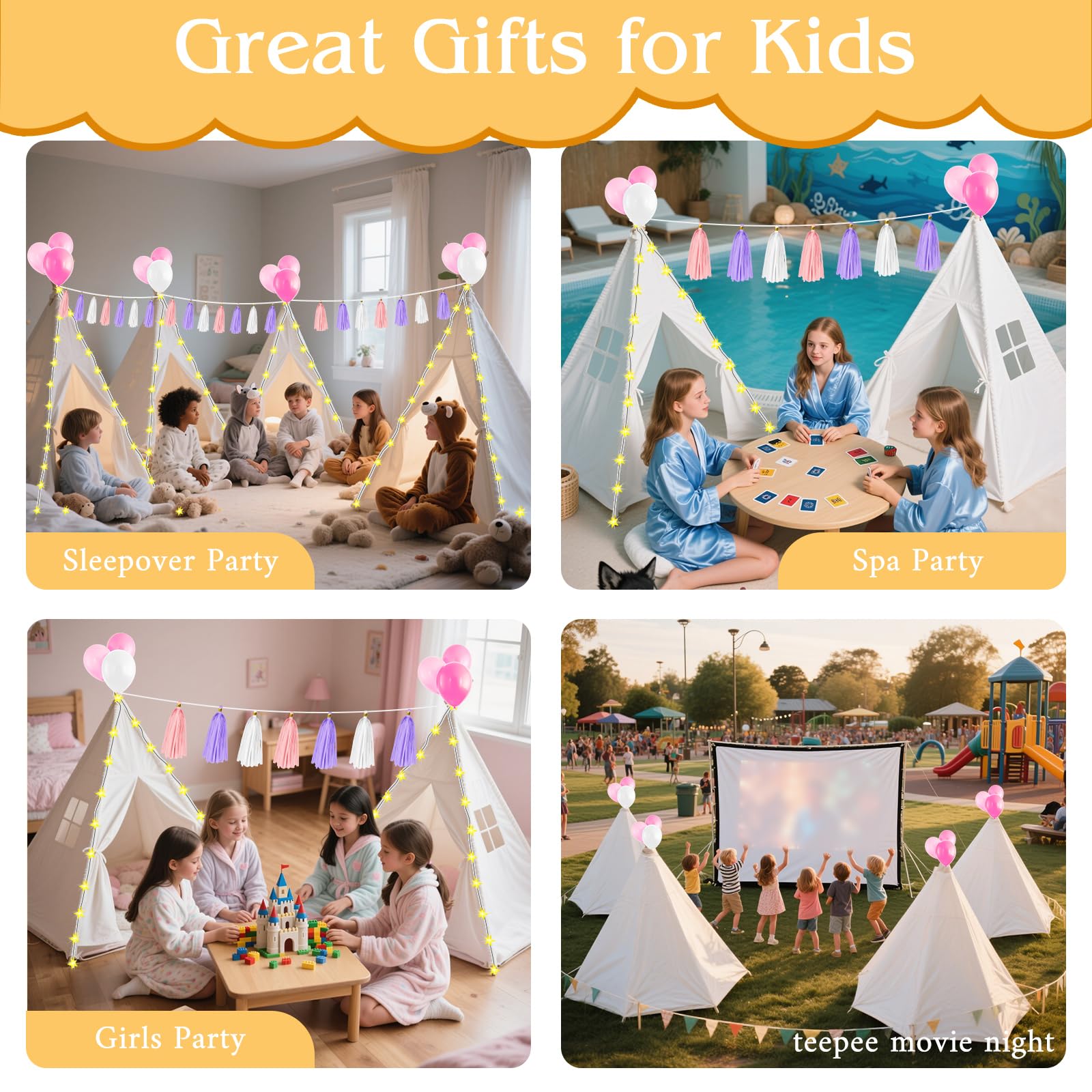 Kids Teepee Tent Set with Inflatable Mattress and Decorations