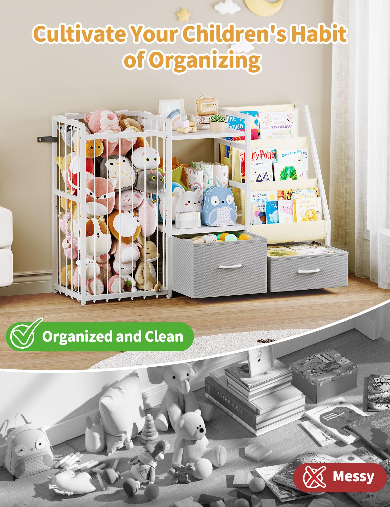 3-Tier Kids Bookshelf with Toy Storage
