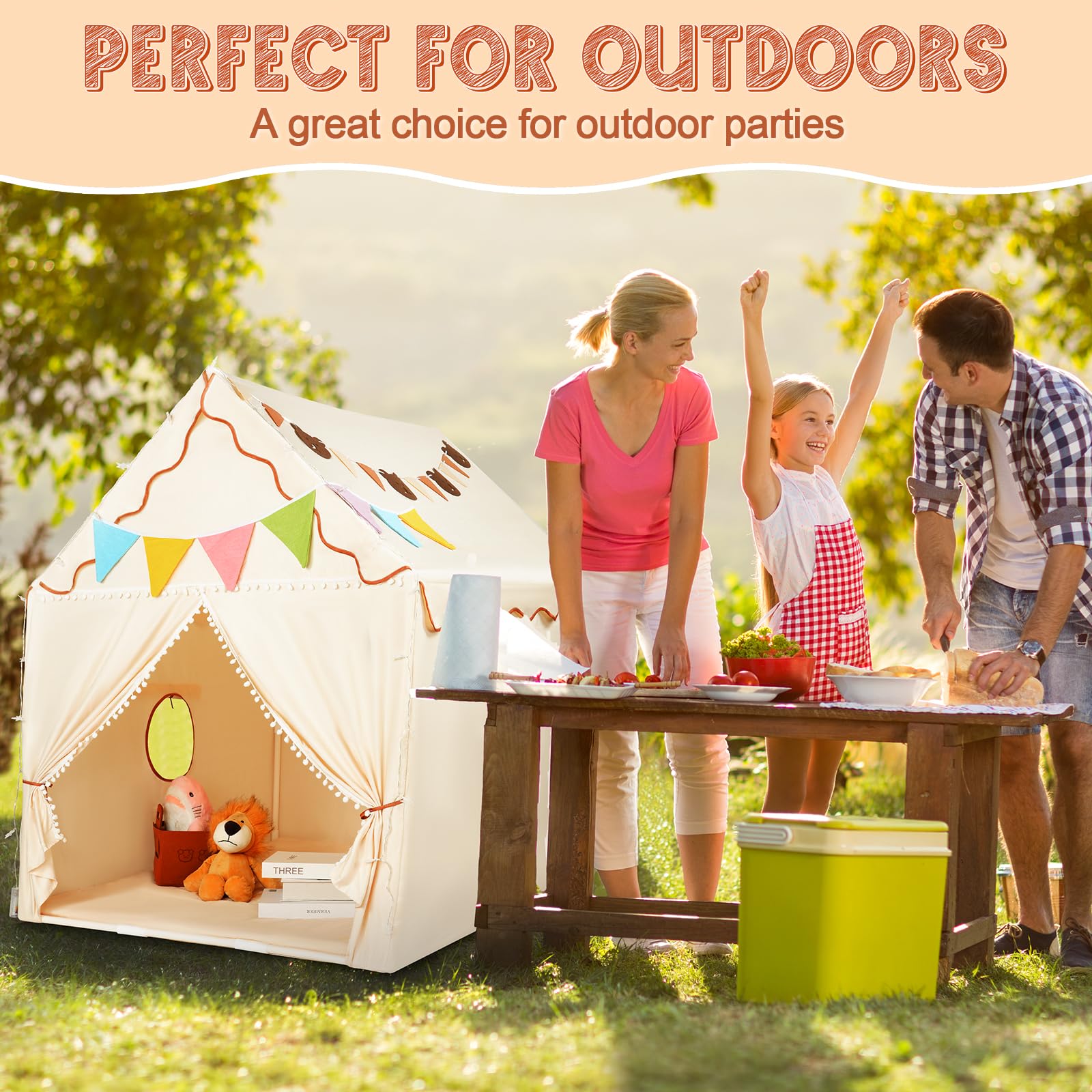 Large Kids Play Tent House with Star Lights, Colorful Flags, Padded Mat & Felt Basket, Indoor Outdoor Playhouse for Boys & Girls Tent Playhouse, 53x51x39 inch (Battery Not Include)