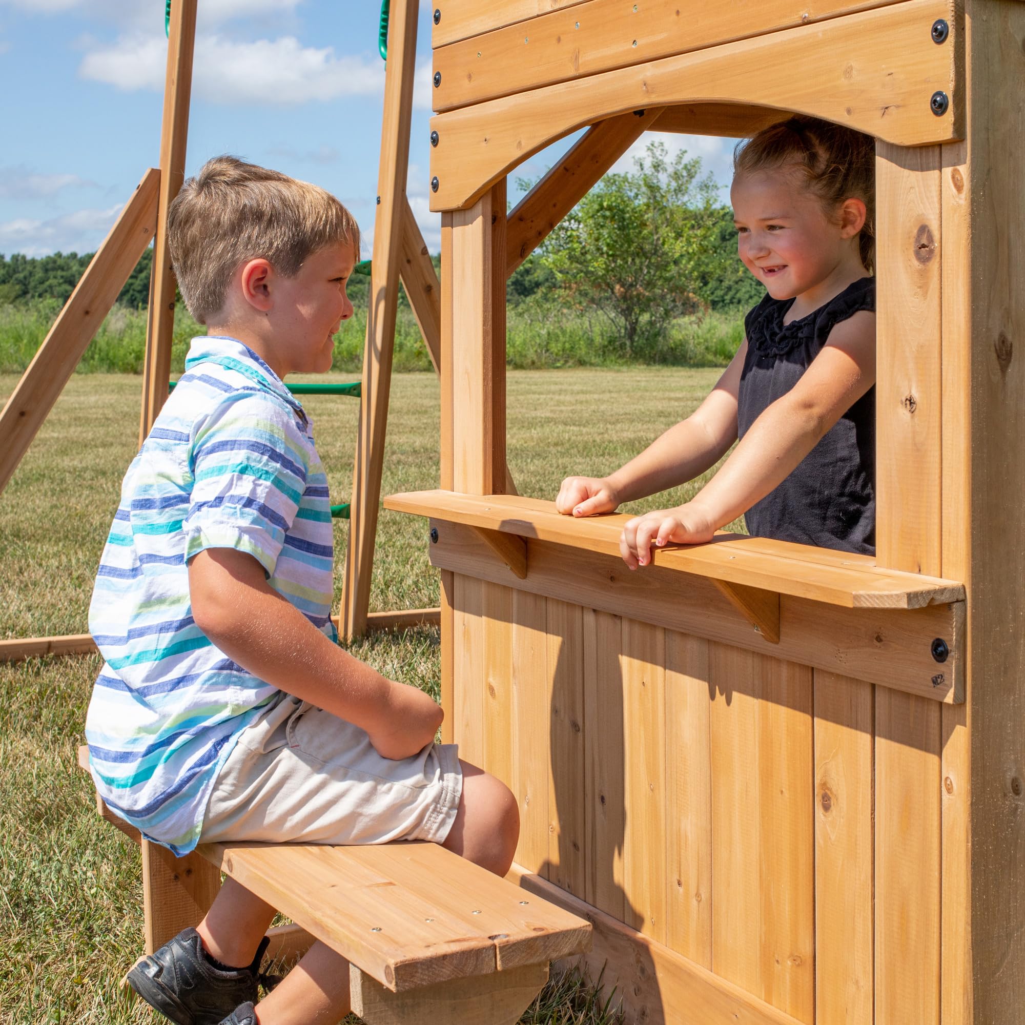 Cedar Wood Swing Set with Clubhouse and Wave Slide
