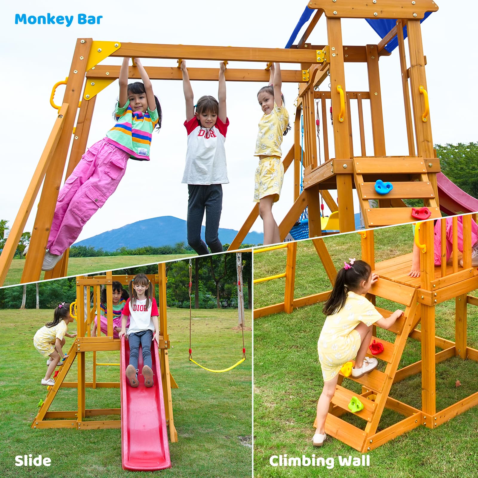 Wooden Playground Set with Monkey Bars and Swings for Kids Ages 3-6