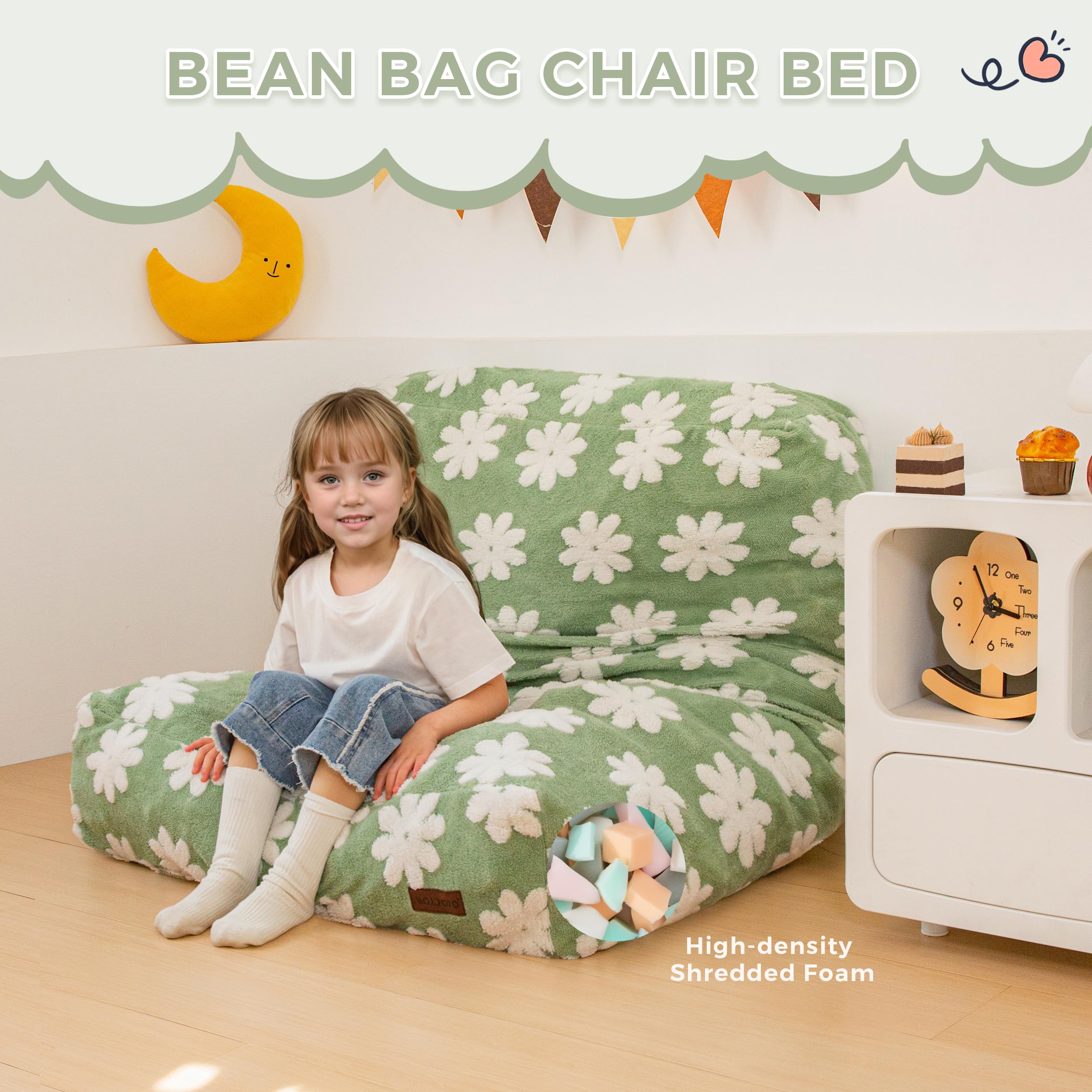 Convertible Bean Bag Chair Bed for Kids with Floral Design
