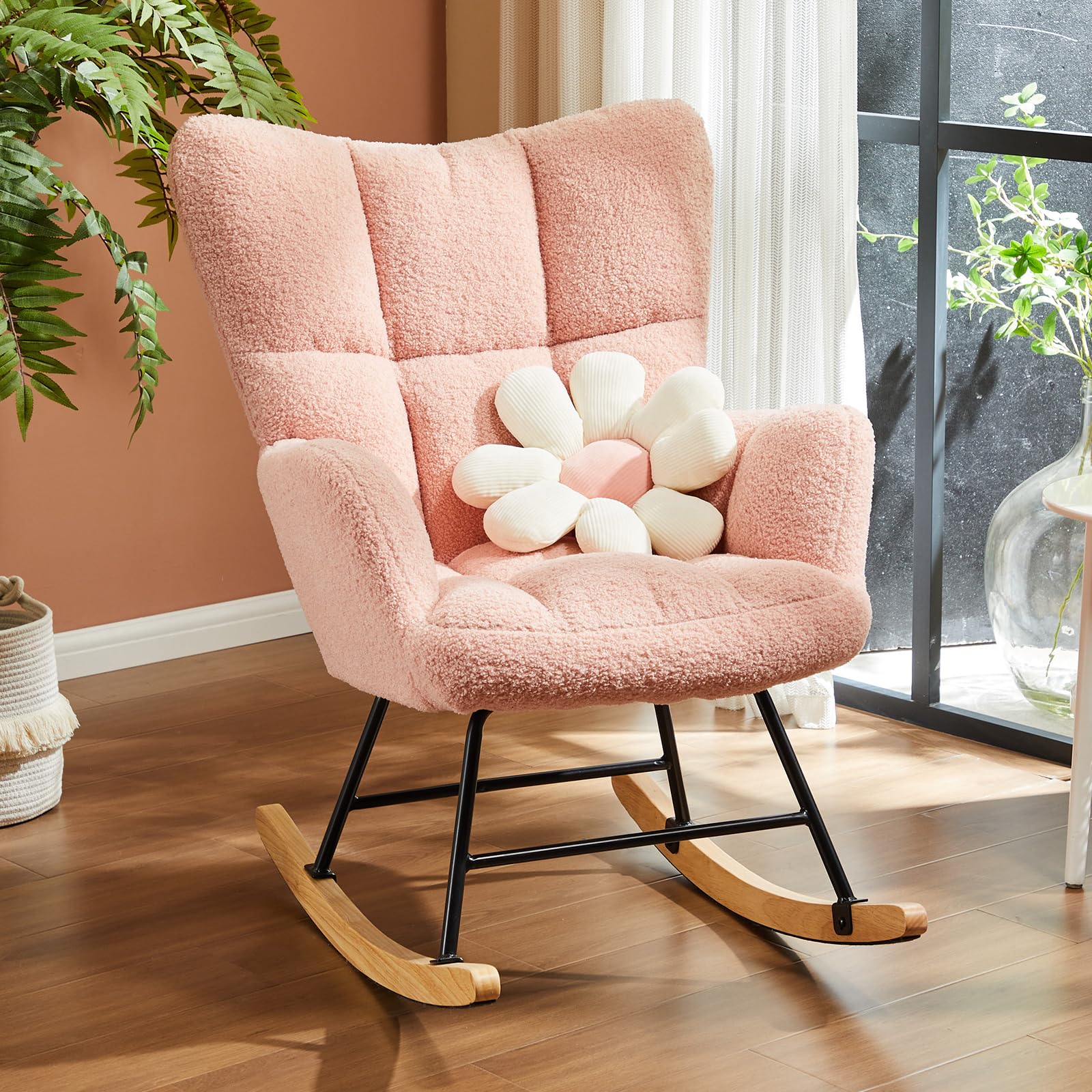 Rocking Chair Nursery, Teddy Upholstered Glider Rocker with High Backrest