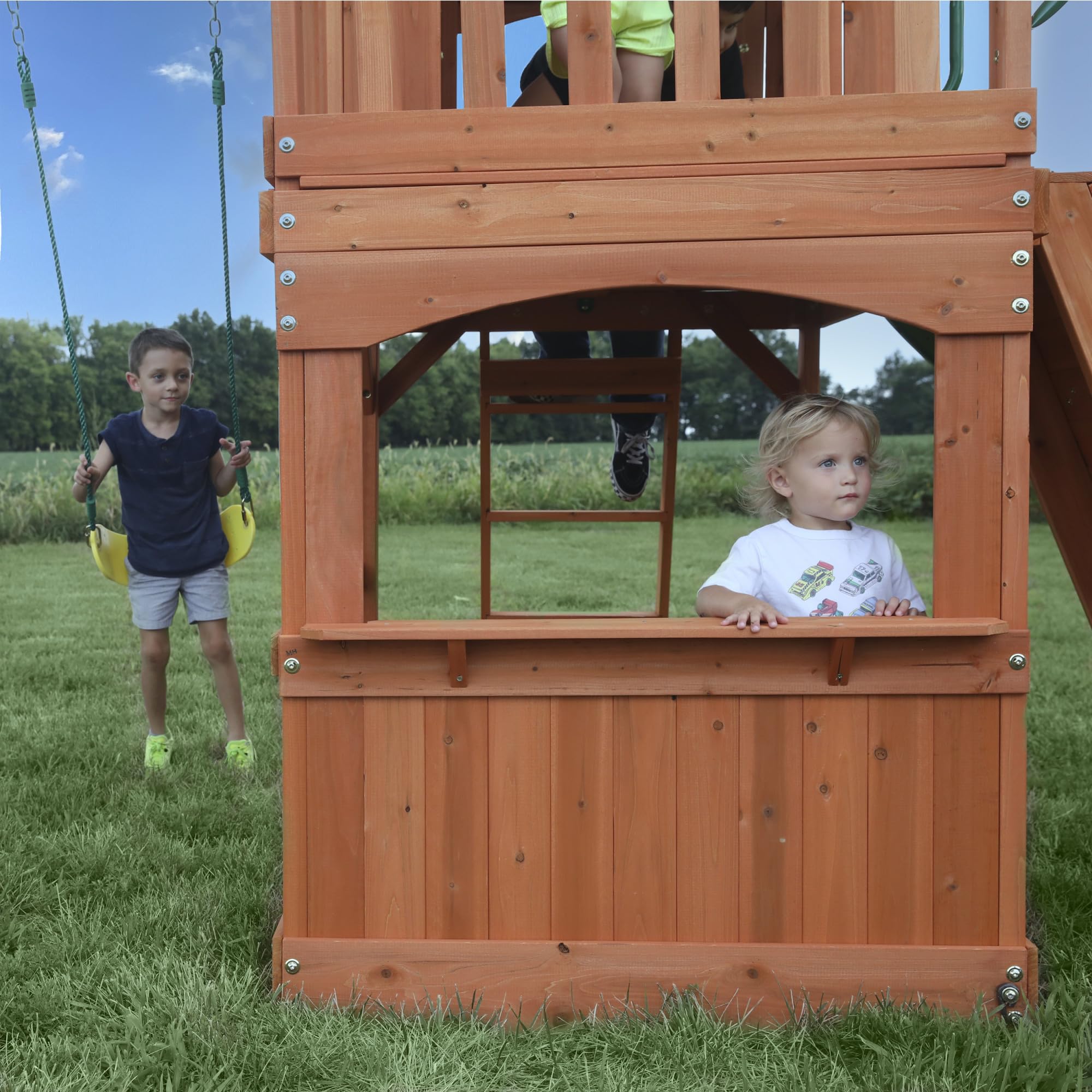 Cedar Wood Swing Set Outdoor Playset Clubhouse Wave Slide Rock Wall Trapeze