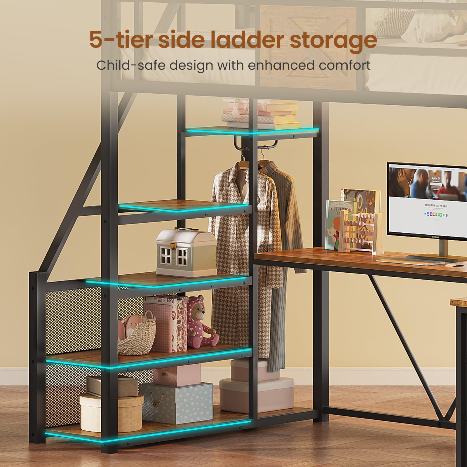 Twin Loft Bed with L-Shaped Desk and Storage Stairs