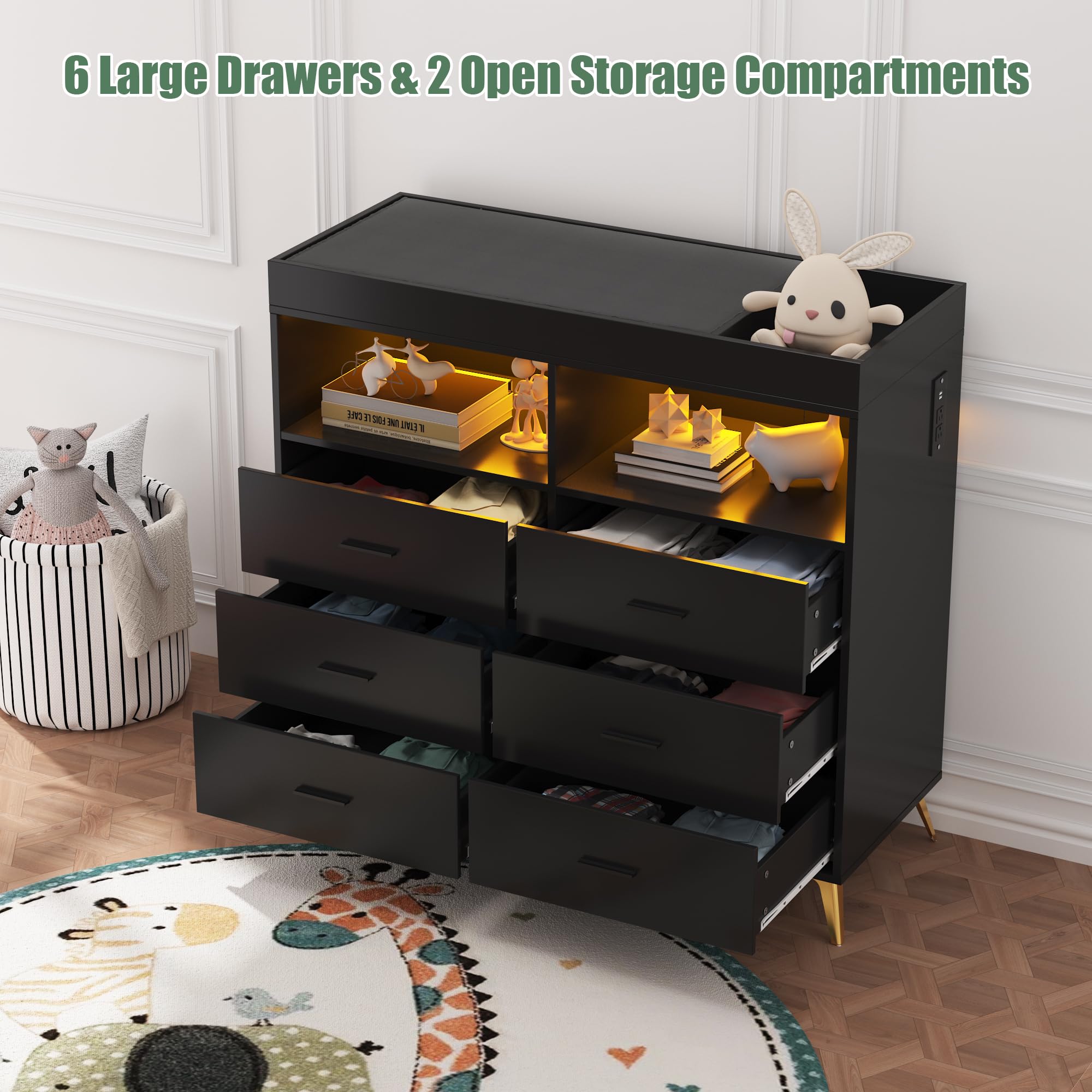 Baby Changing Table Dresser with LED Lights and Power Outlet