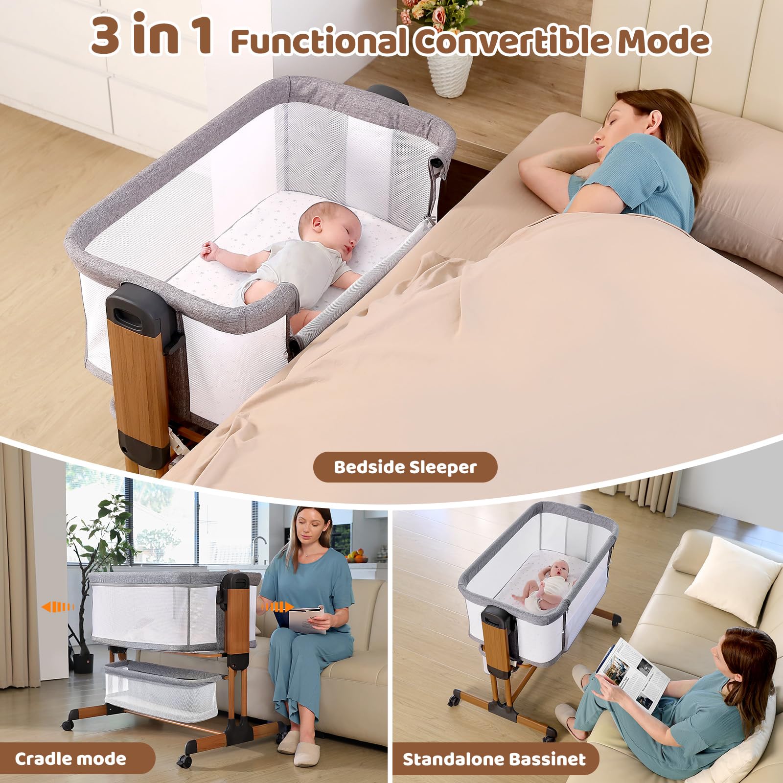3-in-1 Rocking Bassinet with Wheels and Storage