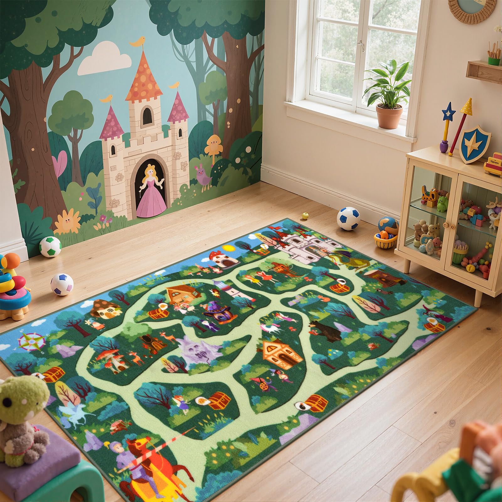 Kids Playroom Rug - Boys and Girls Fantasy Adventure Play Mat, Washable Forest Road