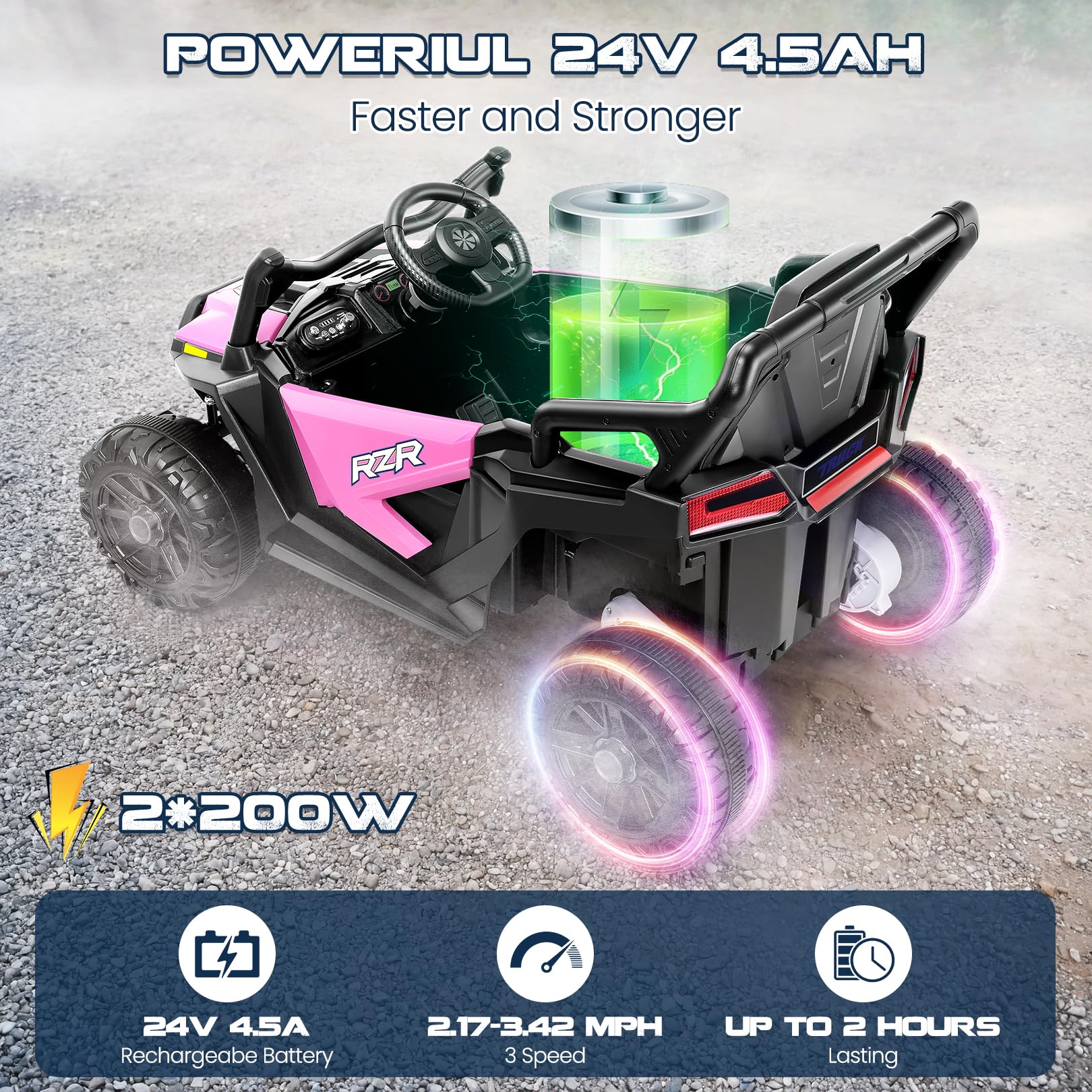 Hikole 24V Ride On Toys for Big Kids UTV, 24 Volt Car Power Wheels Parent Remote for Boy Girls, 2WD/200W*2 Gift, Spacious Seats, 3 Speeds, Soft Start Shock, Bluetooth, Led Lights, Safety Belt, Pink