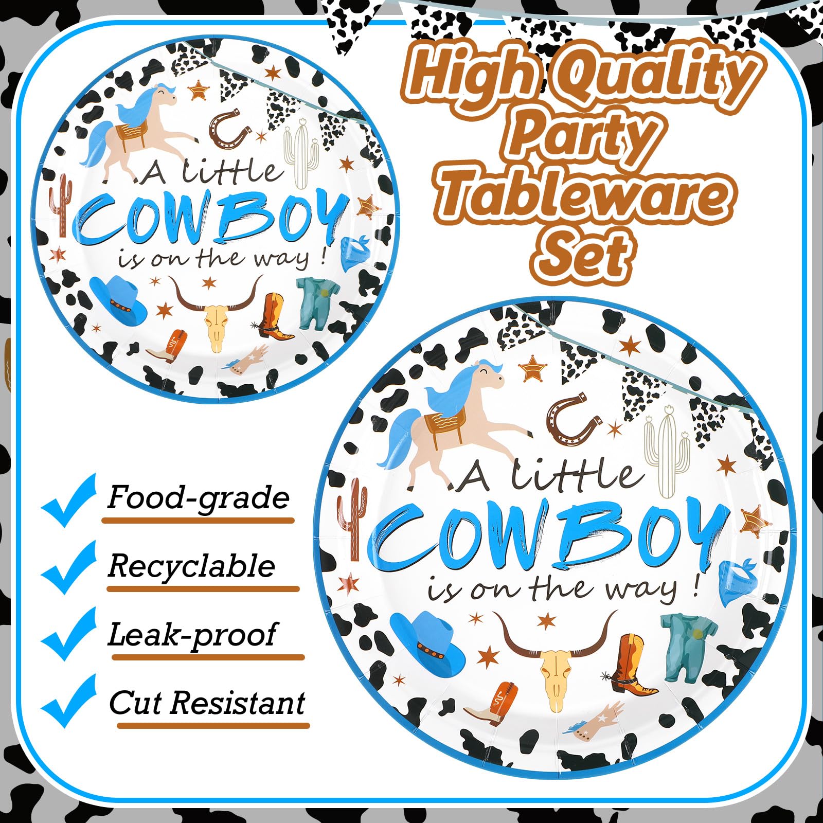 350 Pcs Cowboy Baby Shower Plates and Napkins Party Supplies Wild West a Little Cowboy Is on the Way Theme Tableware Set Western Cow Country Party Dessert Plates Napkins Forks for 50 Guest Baby Shower