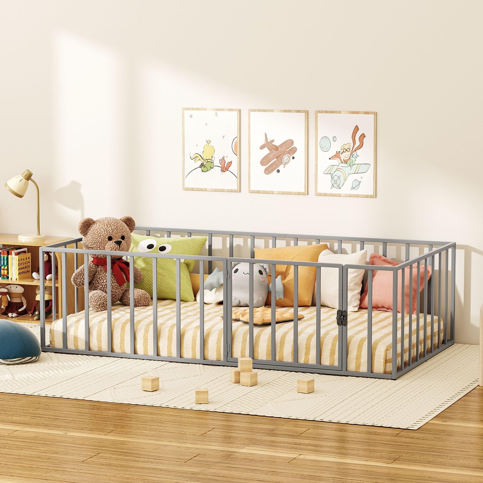 Twin Metal Montessori Floor Bed Frame with Safety Guardrails
