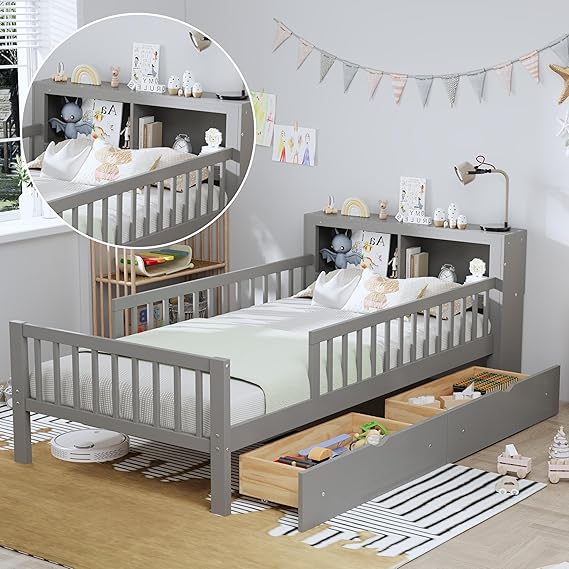 Kids Twin Bed Frame with Storage Headboard, Wooden Platform Bed