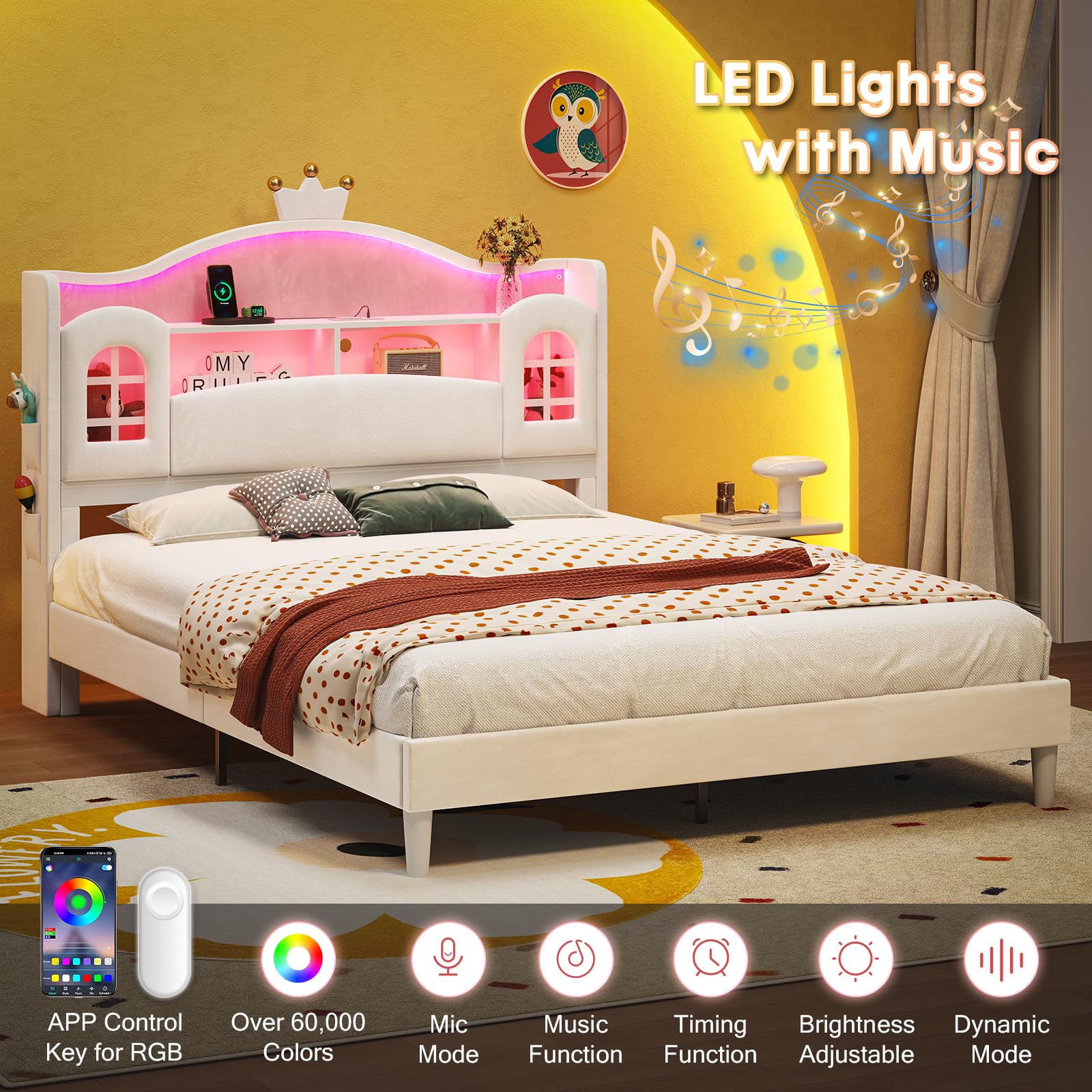 Princess Bed Frame Full Size with LED Lights and Storage