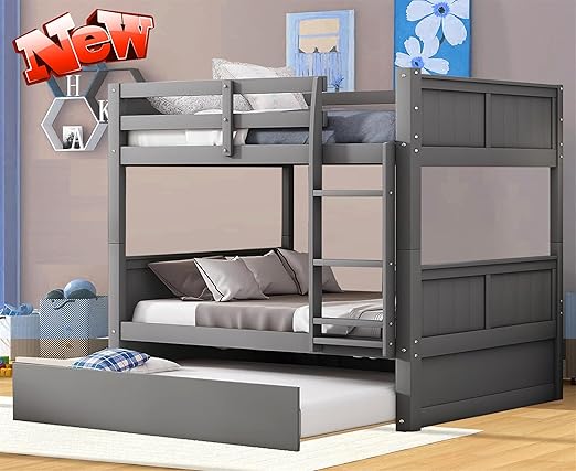 STERXONE Best Thicken Solid Wood Full Over Full Bunk Bed with Trundle