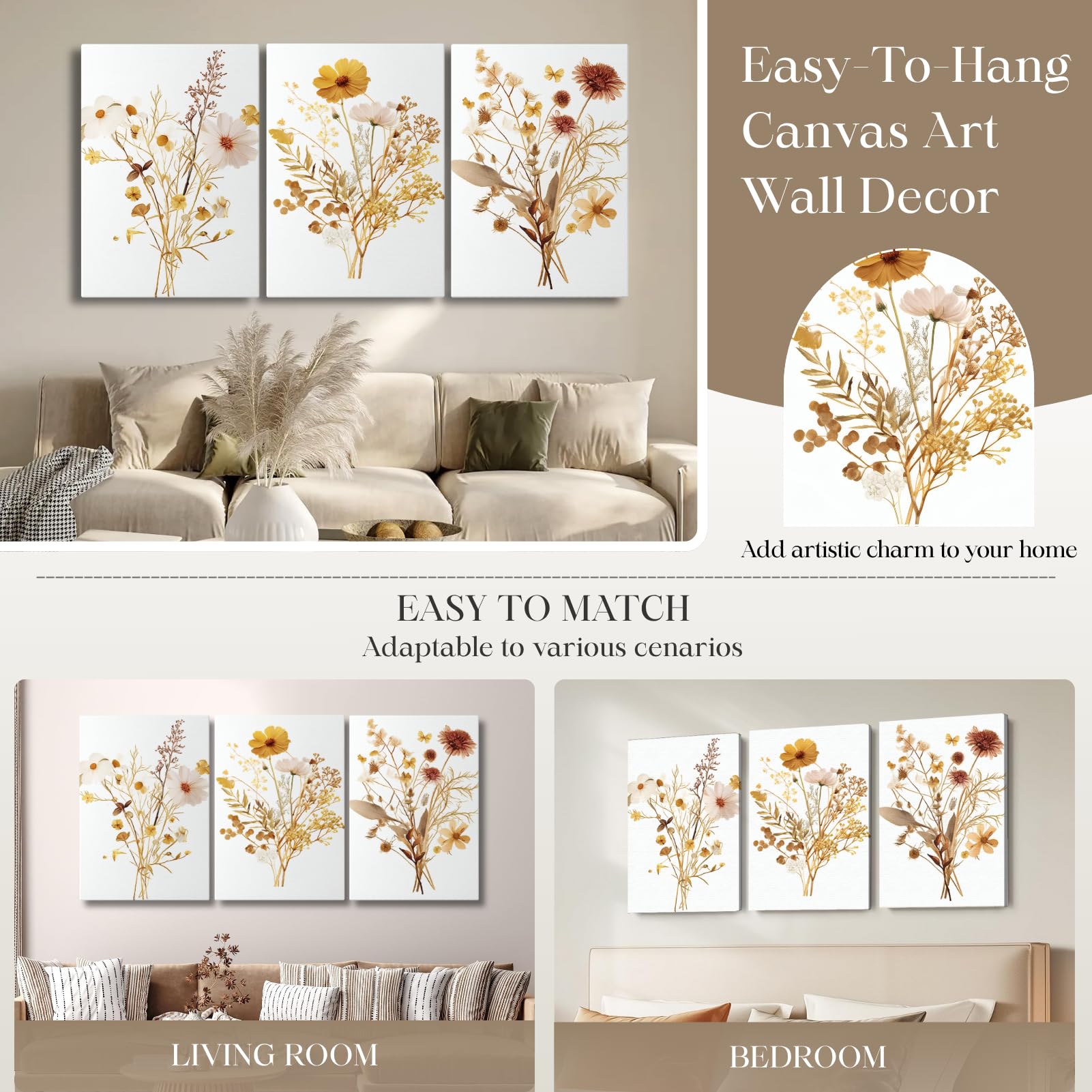 Watercolor Wildflower Canvas Wall Art Set of 3