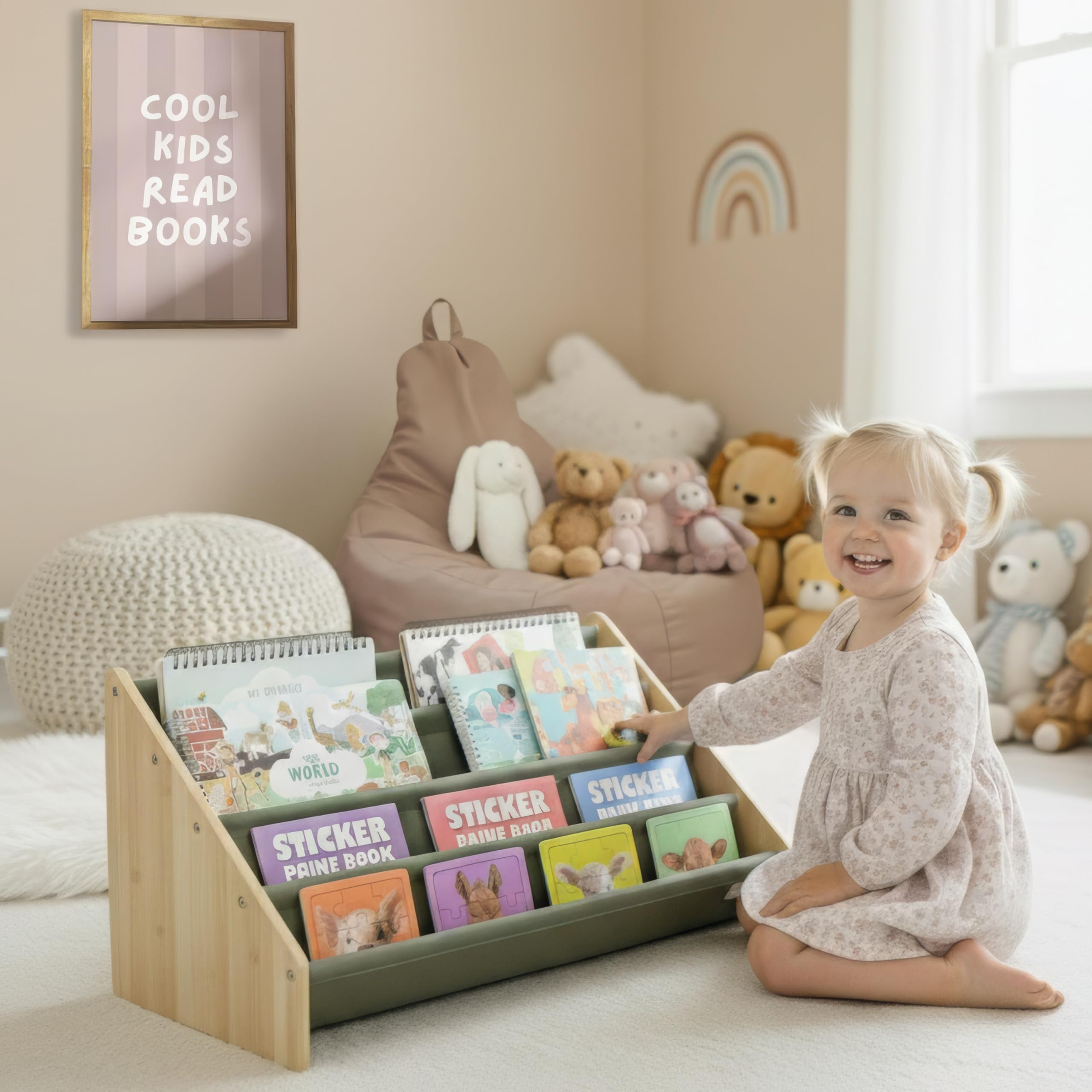 Wooden Kids Bookshelf Montessori Storage Organizer