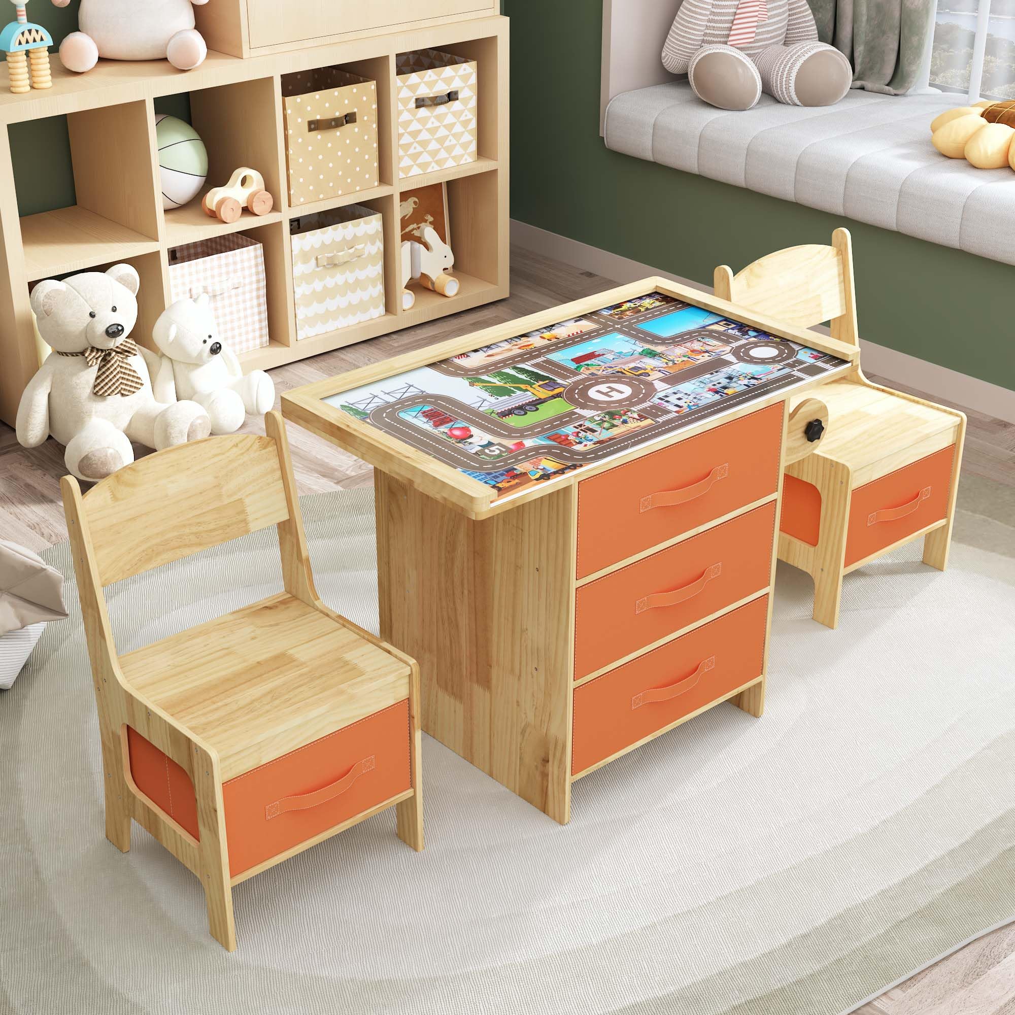 Kids Table and Chair Set 3 in 1 Wooden Toddler Table with Storage