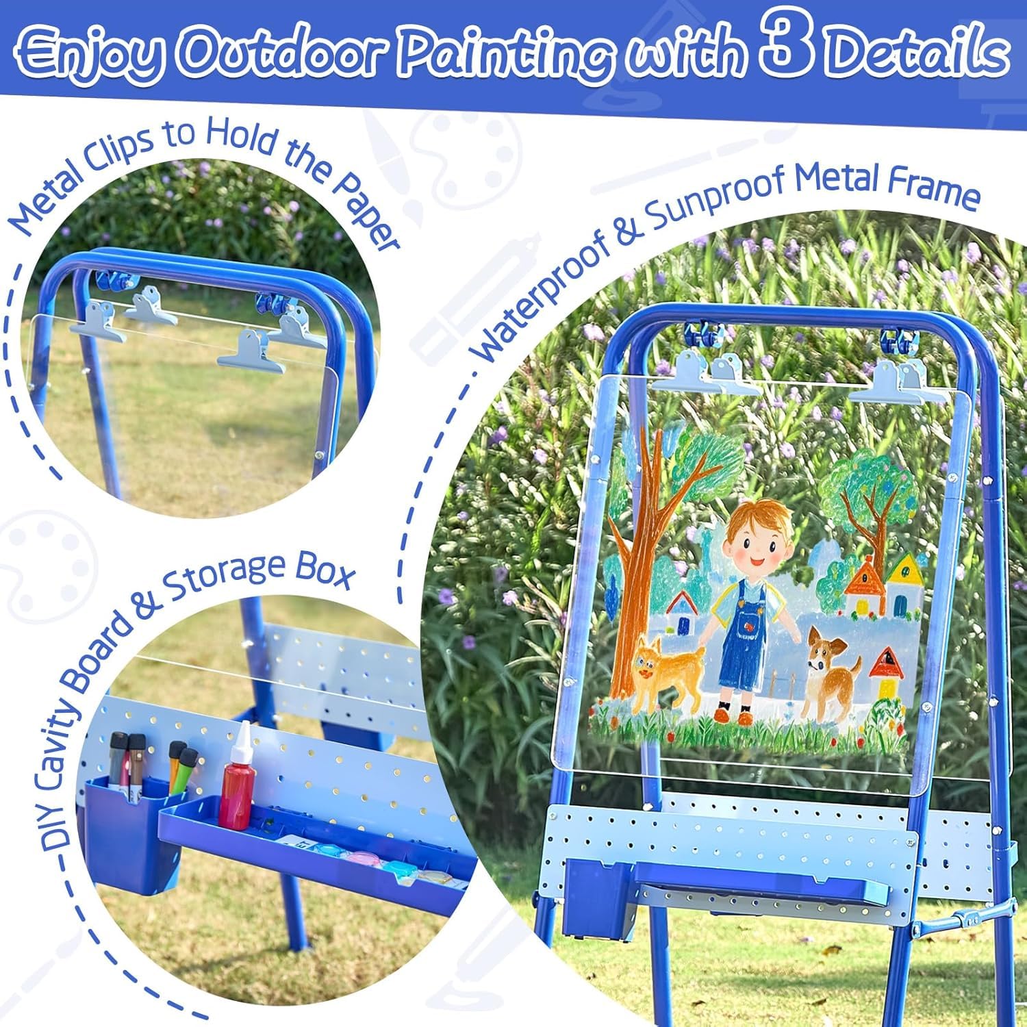FUNLIO 2-in-1 Outdoor Easel for Kids Ages 3+, Foldable Waterproof & Sunproof Toddler Easel, Double-Sided Kids Art Easel with 2 Acrylic Boards & 20+ Accessories, Portable and Stable - Blue