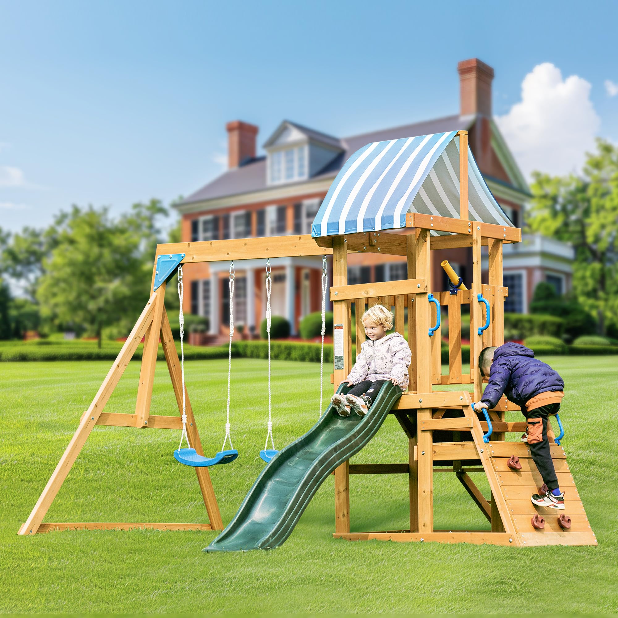 Wooden Swing Set with Slide and Climbing Ladder