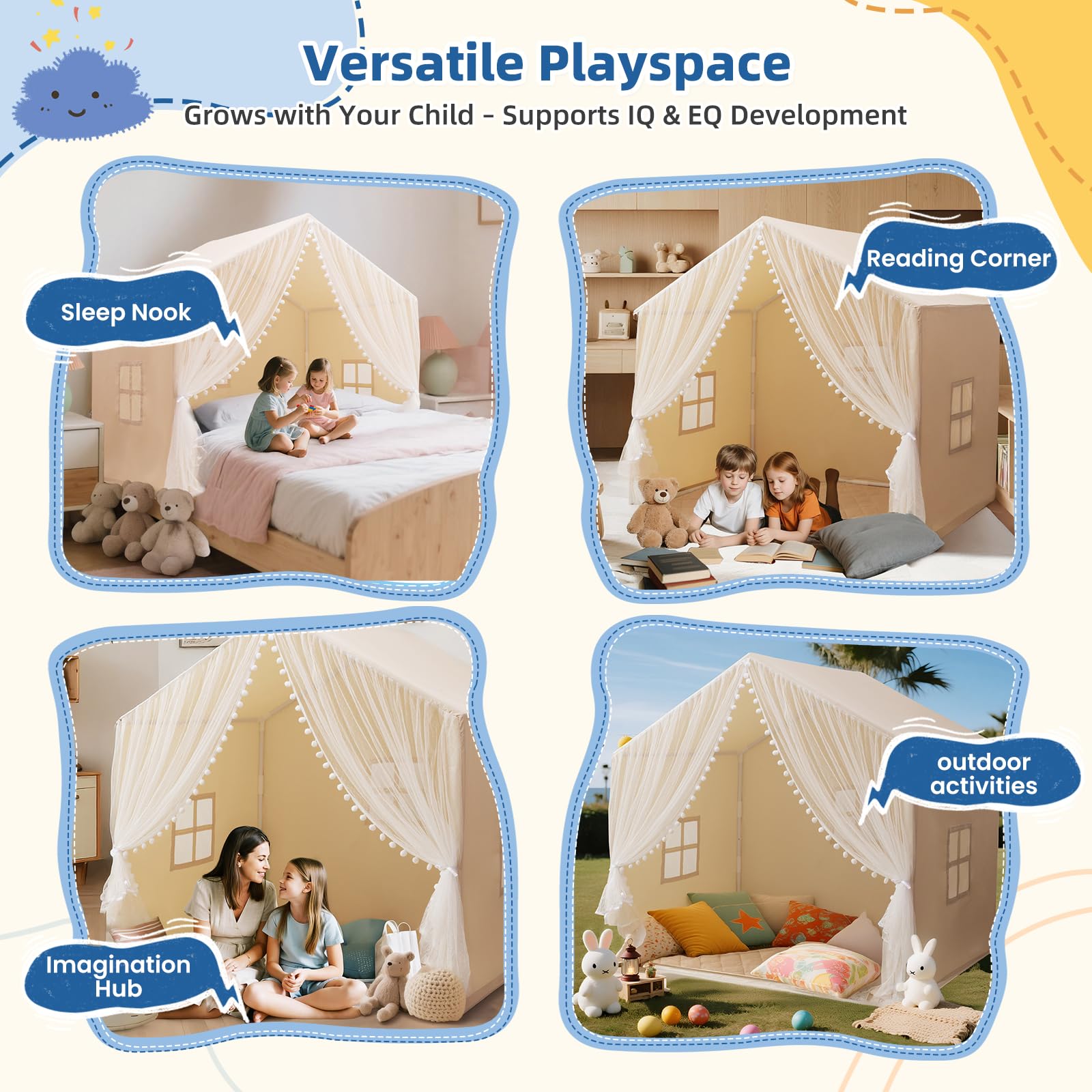 Large Kids Play Tent with Padded Mat and Star Lights