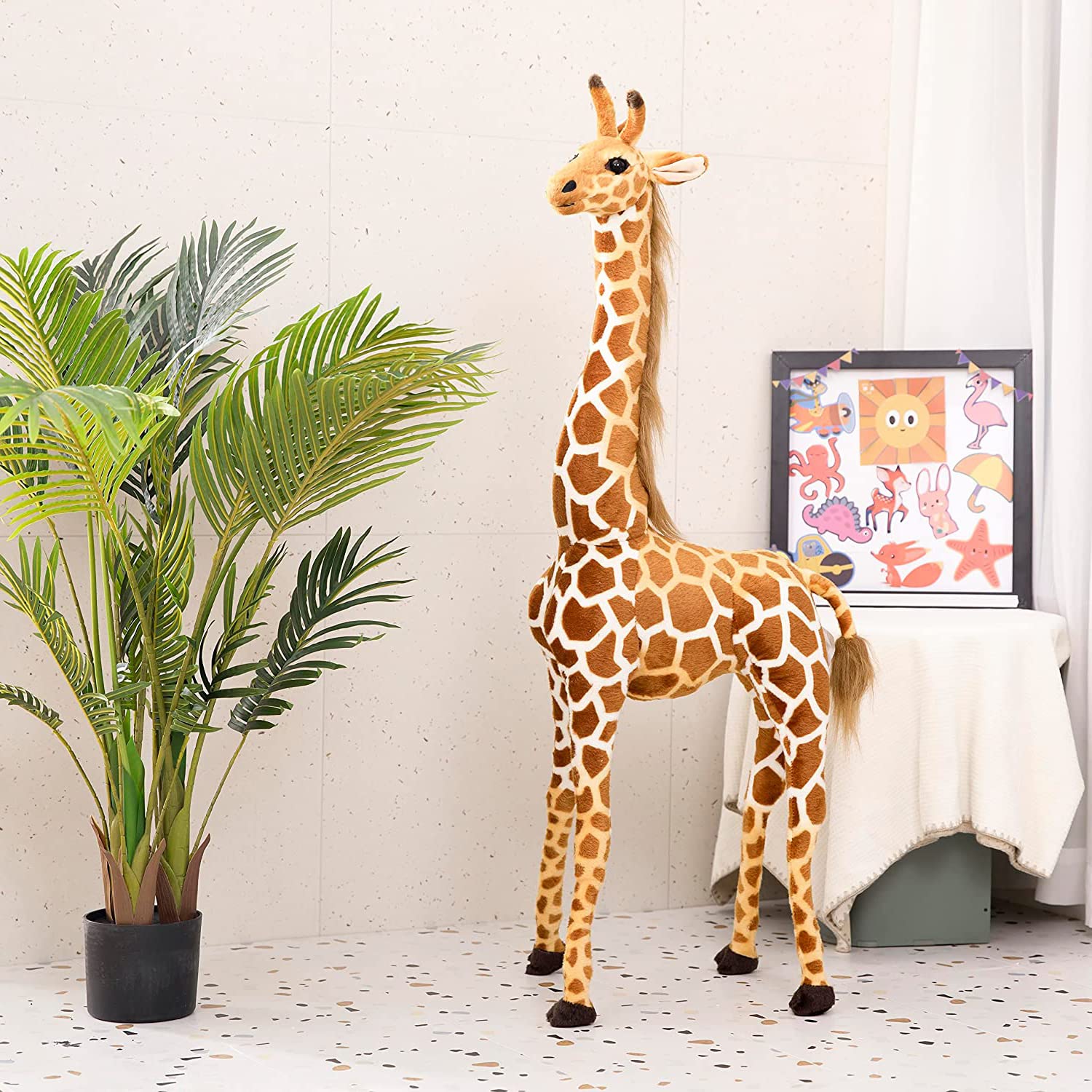47” Large Giraffe Stuffed Animal Set, Giant Giraffe Plush Toys with Birds, Leaves, Basket