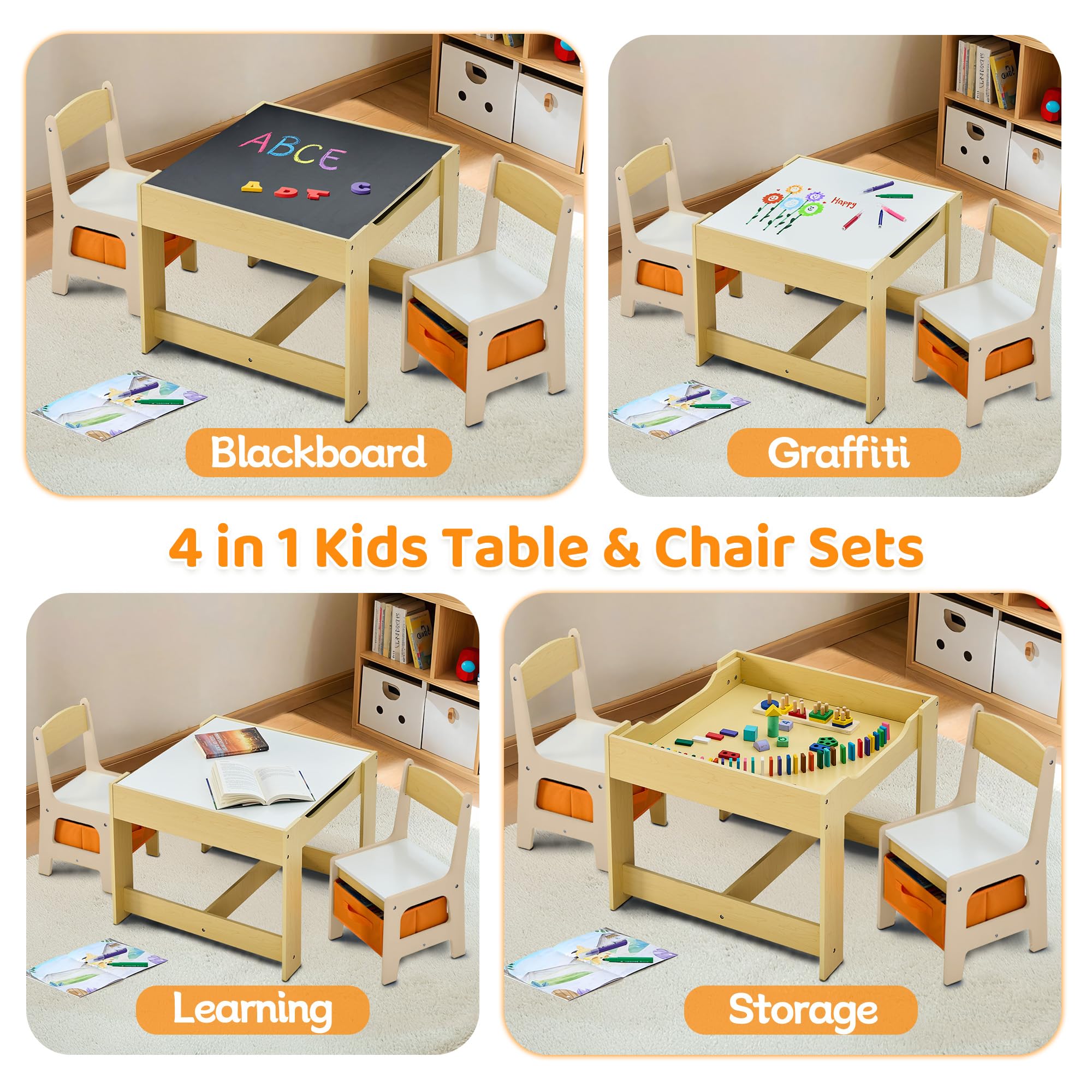 4-in-1 Wooden Kids Activity Table and Chair Set