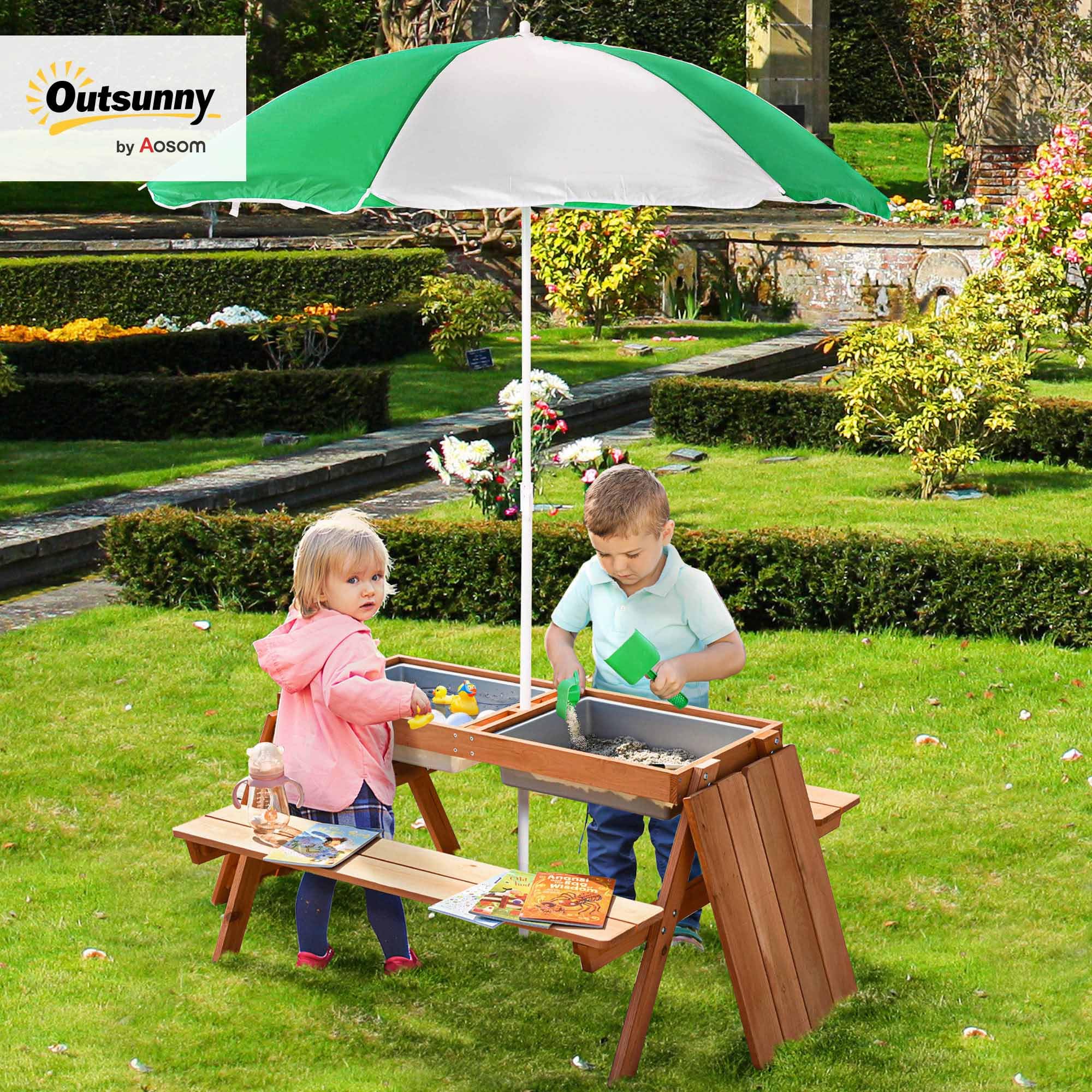 Kids 3-in-1 Sand Water Picnic Table with Umbrella