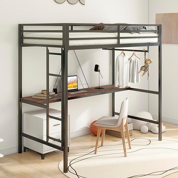 Twin Metal Loft Bed with Safety Guard Rails, Flat Ladder, Metal Slat