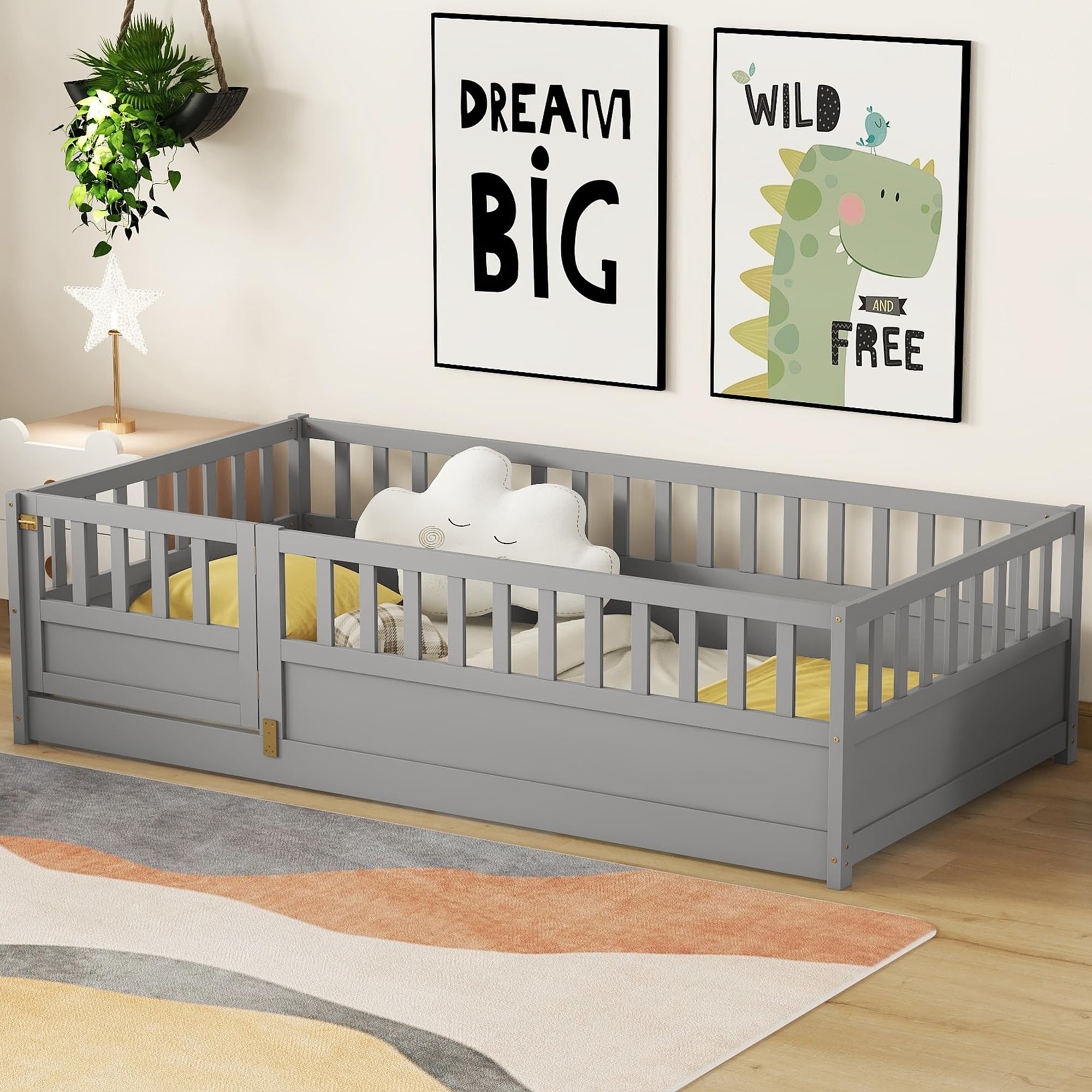 Twin Size Floor Bed with High Fence and Door