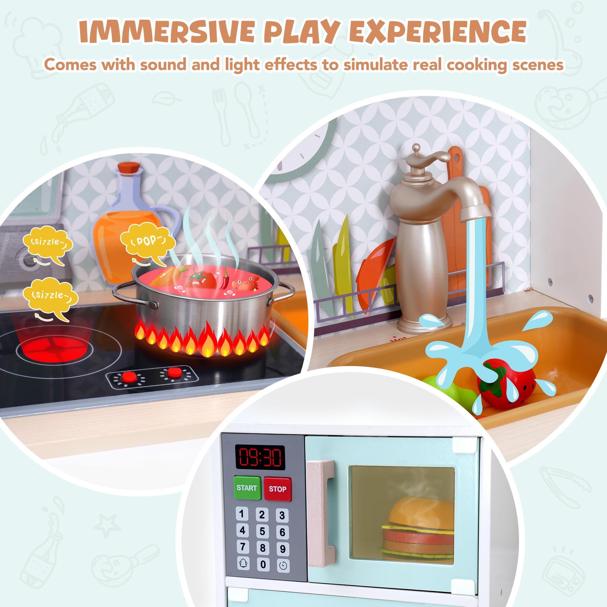 Wooden Play Kitchen Set for Kids Ages 3-8