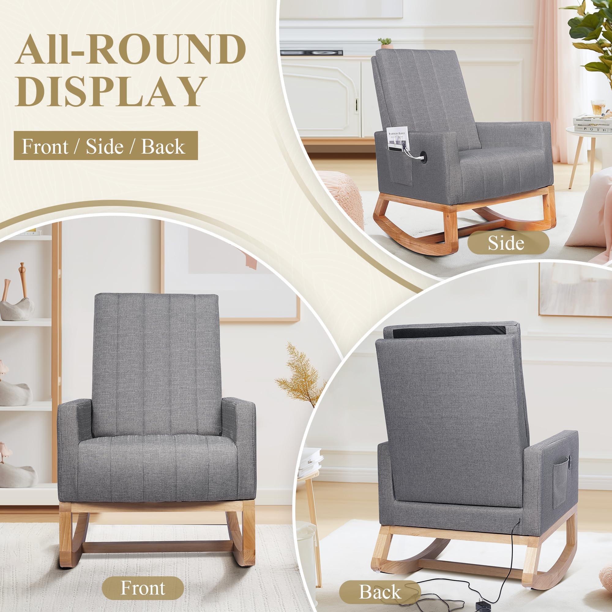 Upholstered Rocking Chair with USB Port and Side Pocket