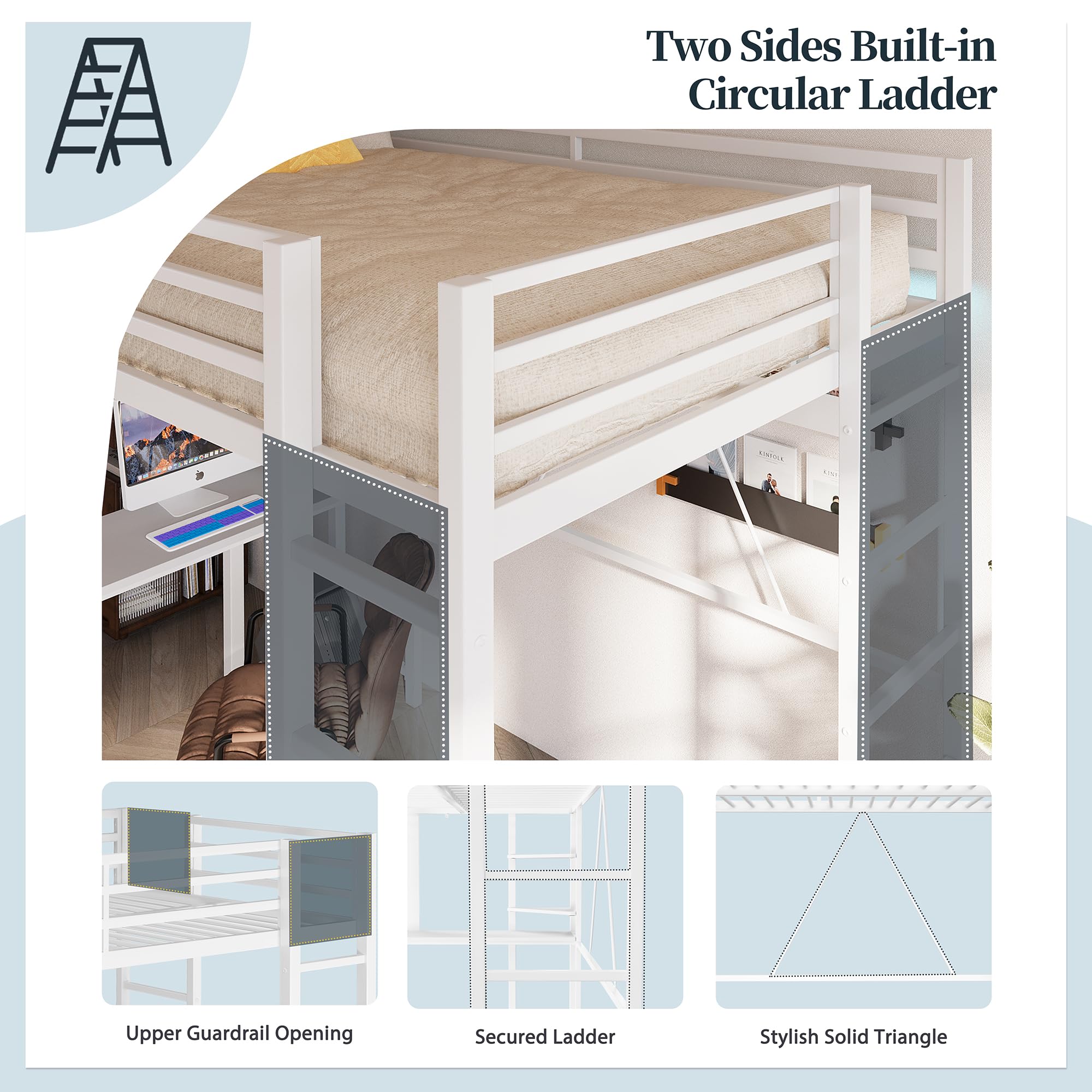 Full Size Loft Bed with Desk and Storage Shelves