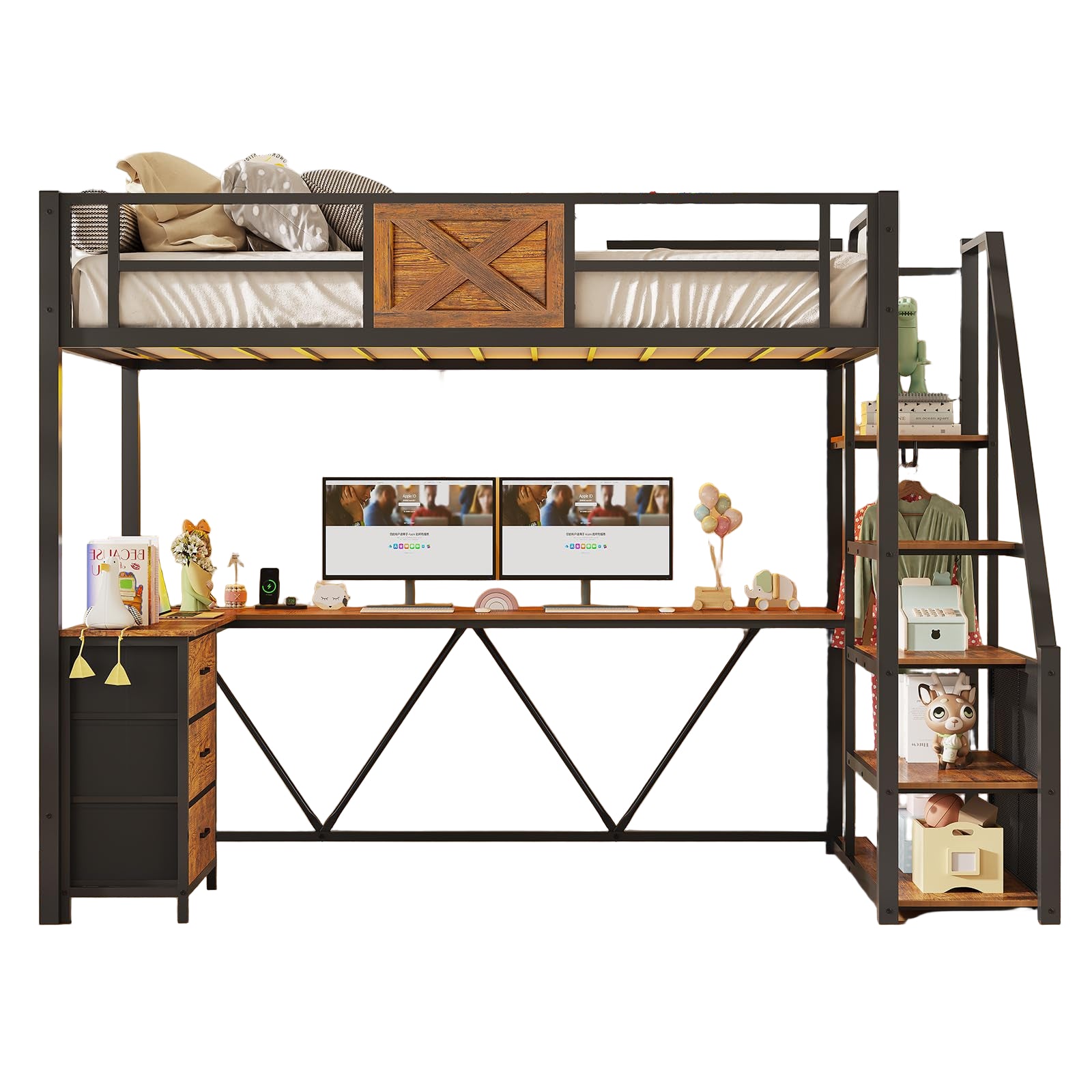 Stairway Twin Size Loft Bed with L Shaped Desk and Wardrobe