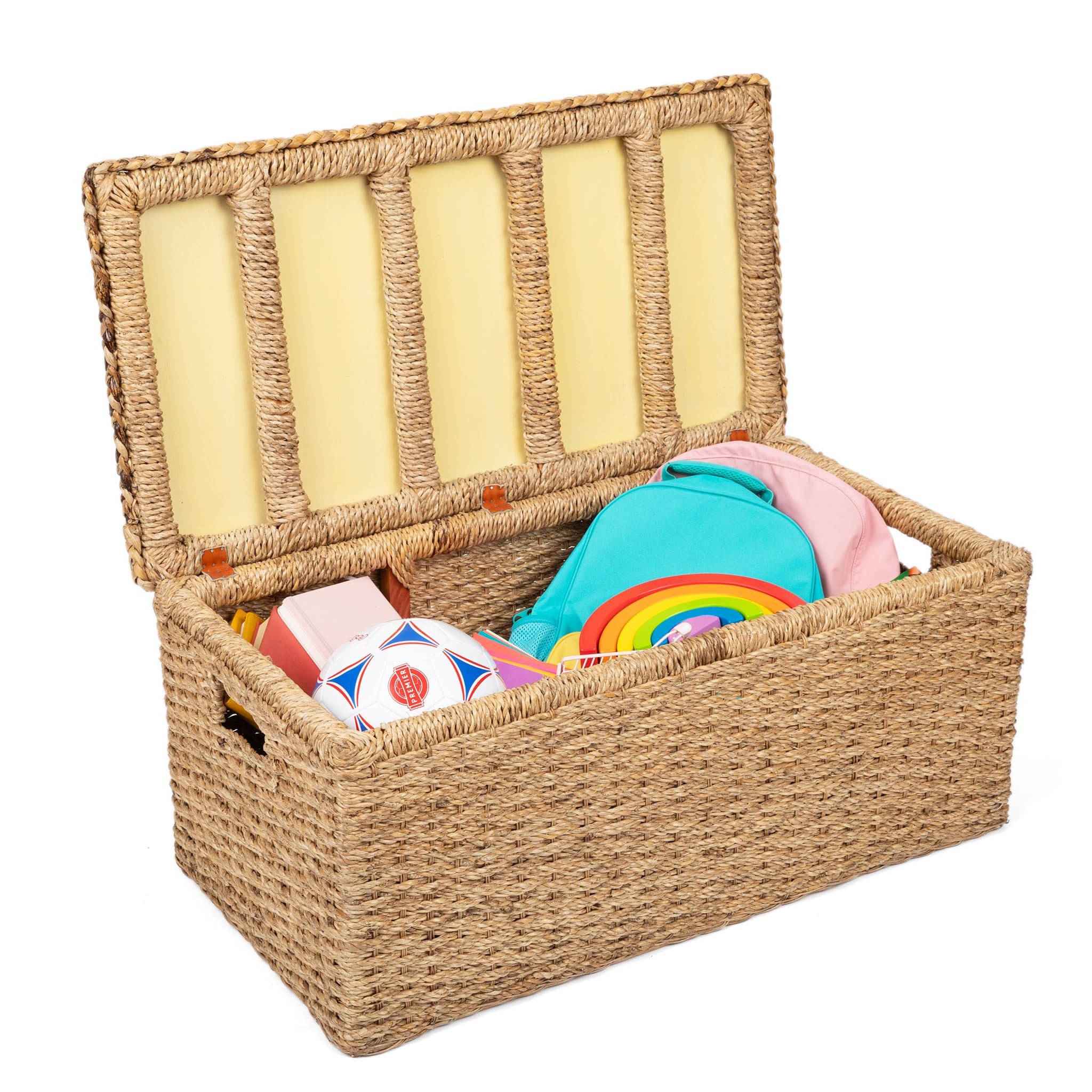 Wholestory Collective Handwoven Wicker 35" Banana Leaf Rattan Storage Trunk and Chest Seagrass XL Organizers with Lid, Natural Color with Handles