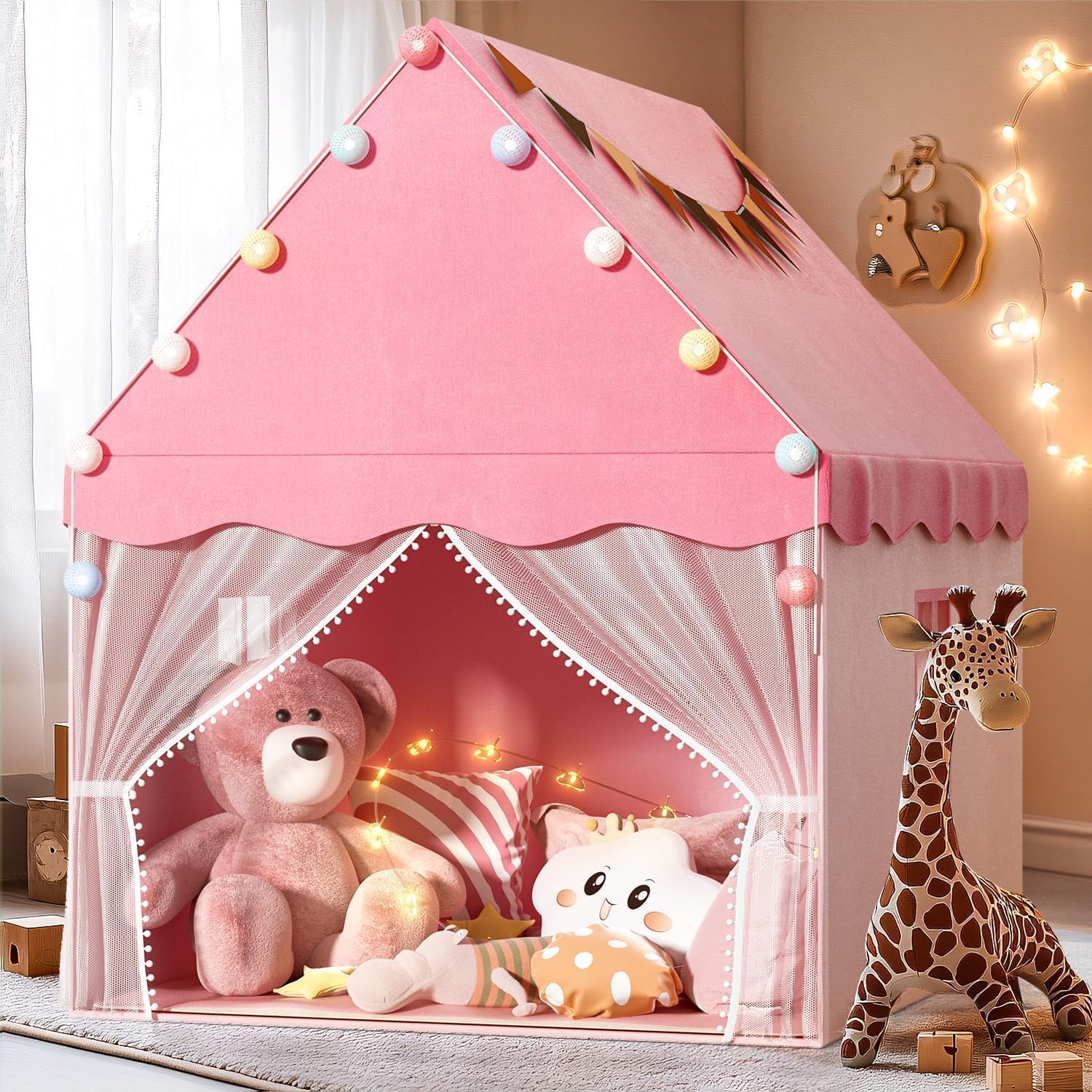 Kids Play Tent with Star Lights and Padded Mat - Light Pink