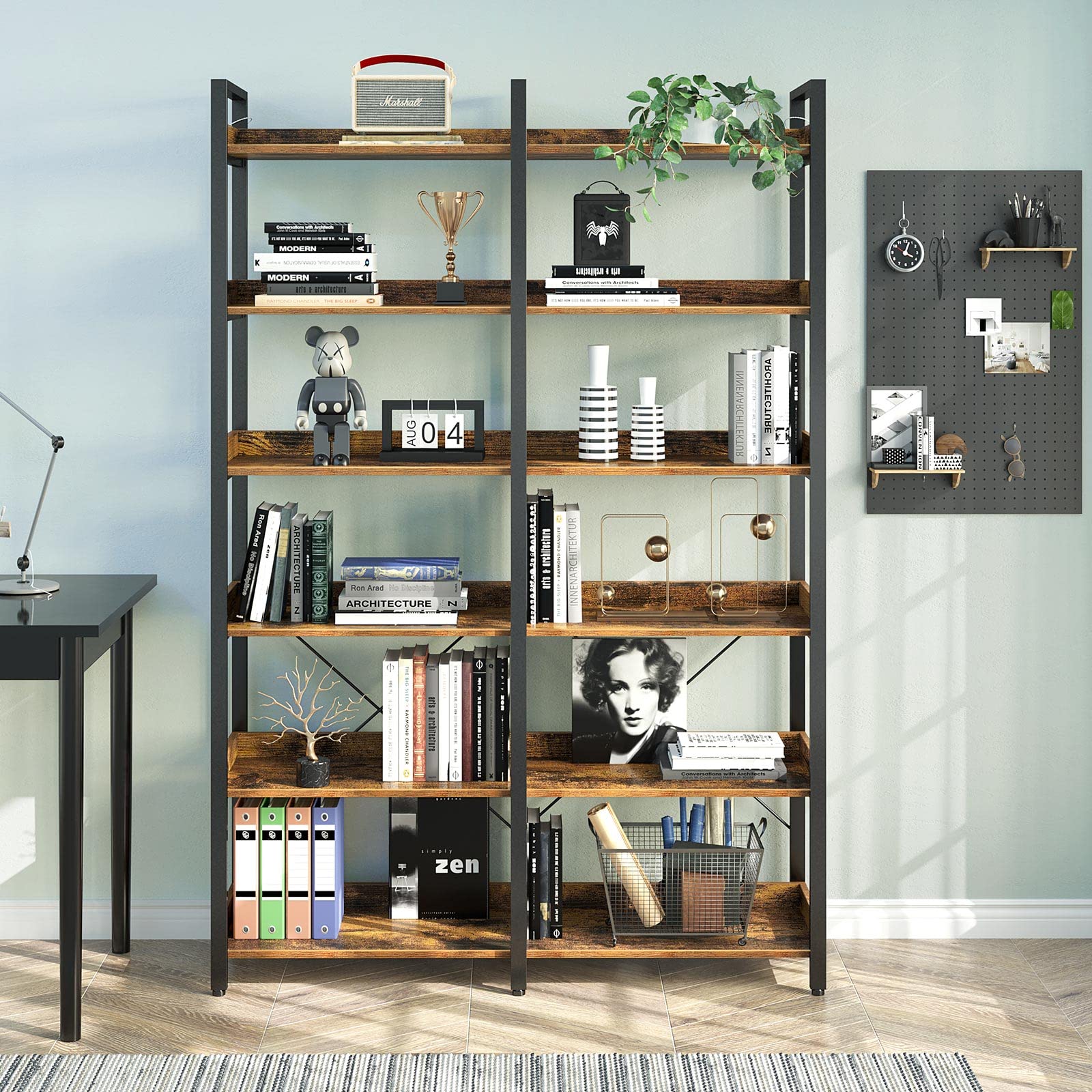 Bookshelf 6 Tier with 4 Hooks, 67” Industrial Wooden Bookcase