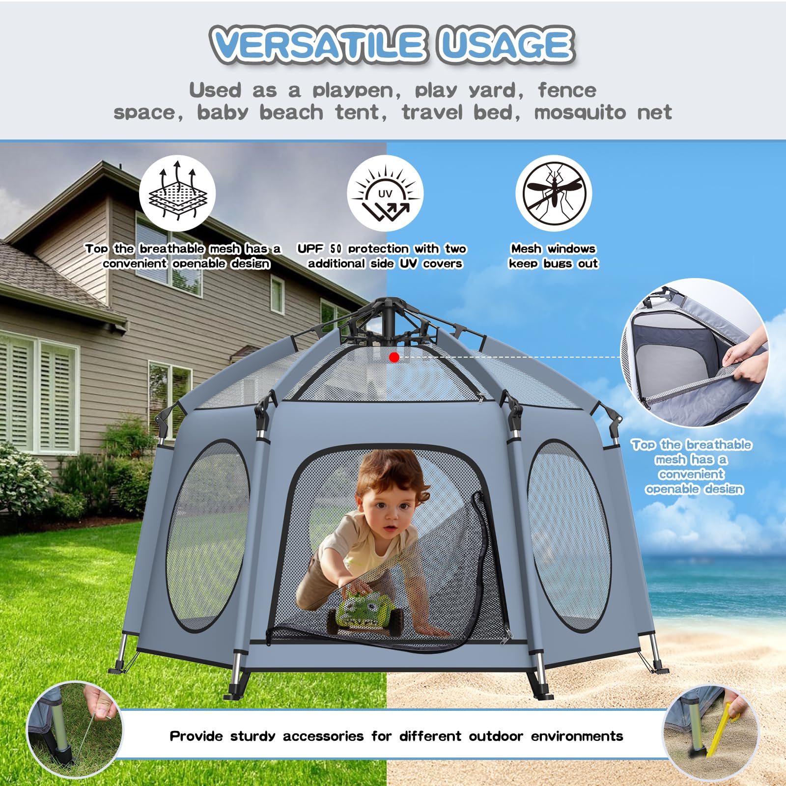 Portable Baby Playpen with UPF50+ Canopy and Bug Net